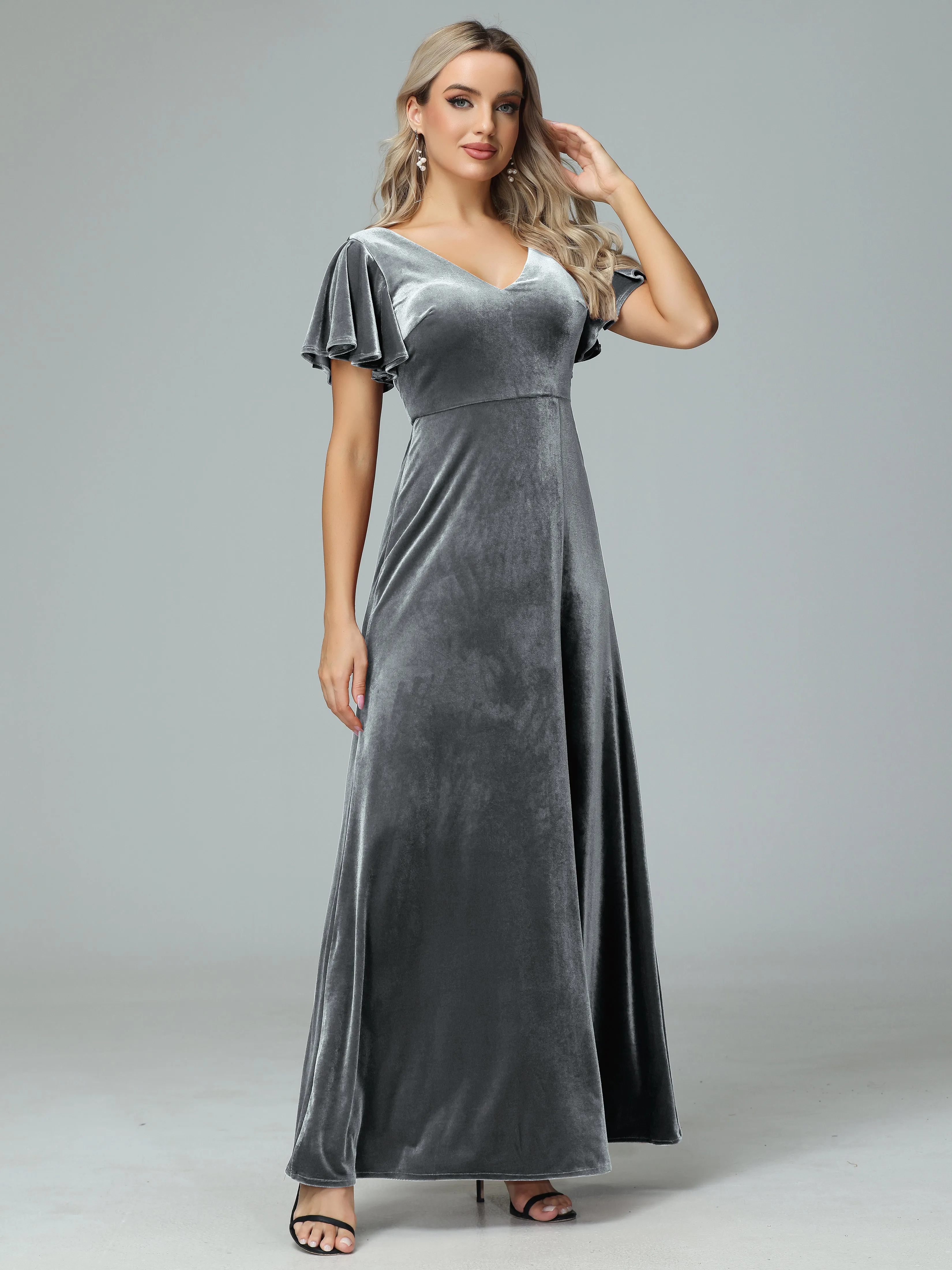 Ruffle Short Sleeves V-neck Velvet Bridesmaid Dresses