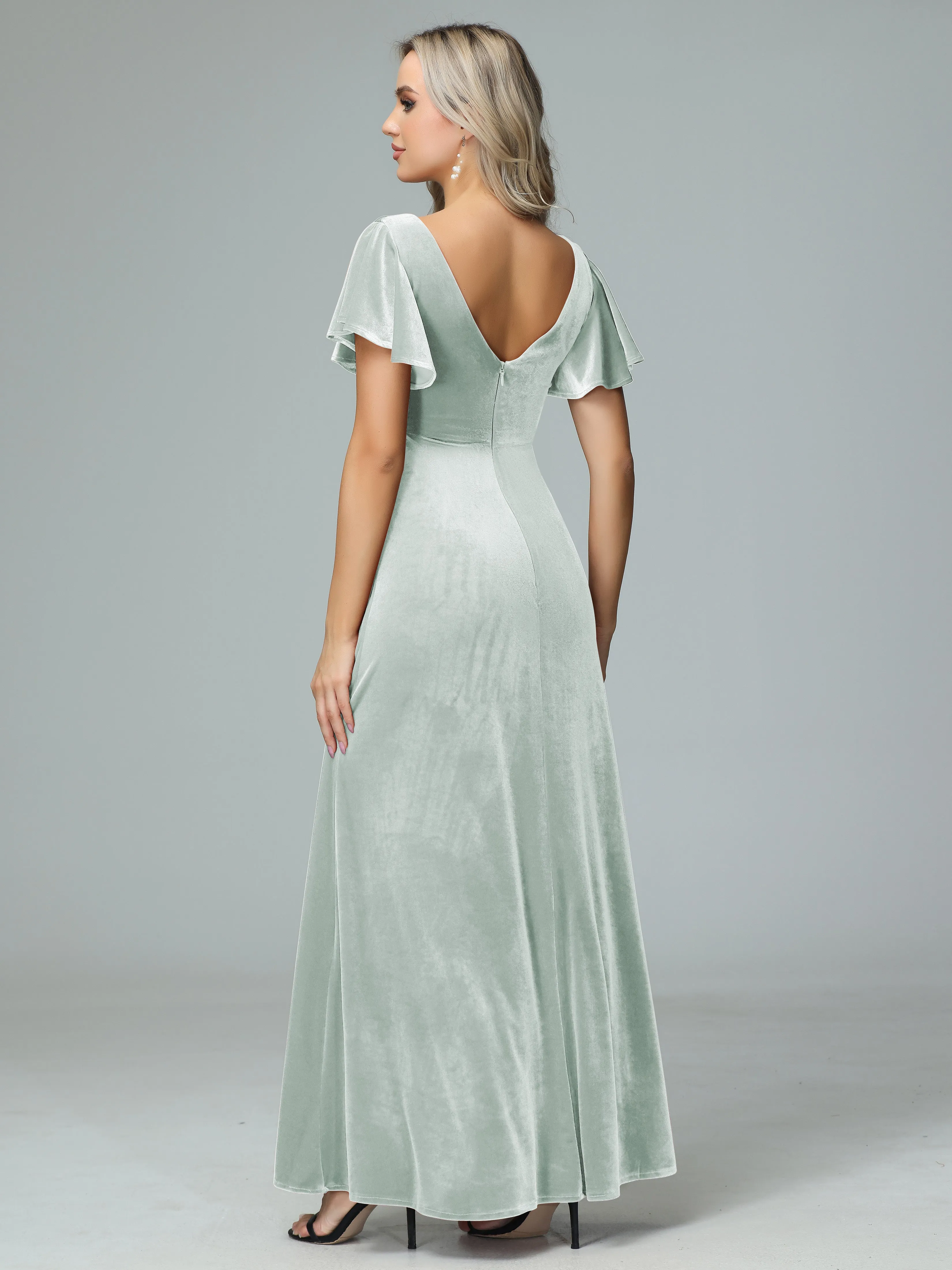 Ruffle Short Sleeves V-neck Velvet Bridesmaid Dresses