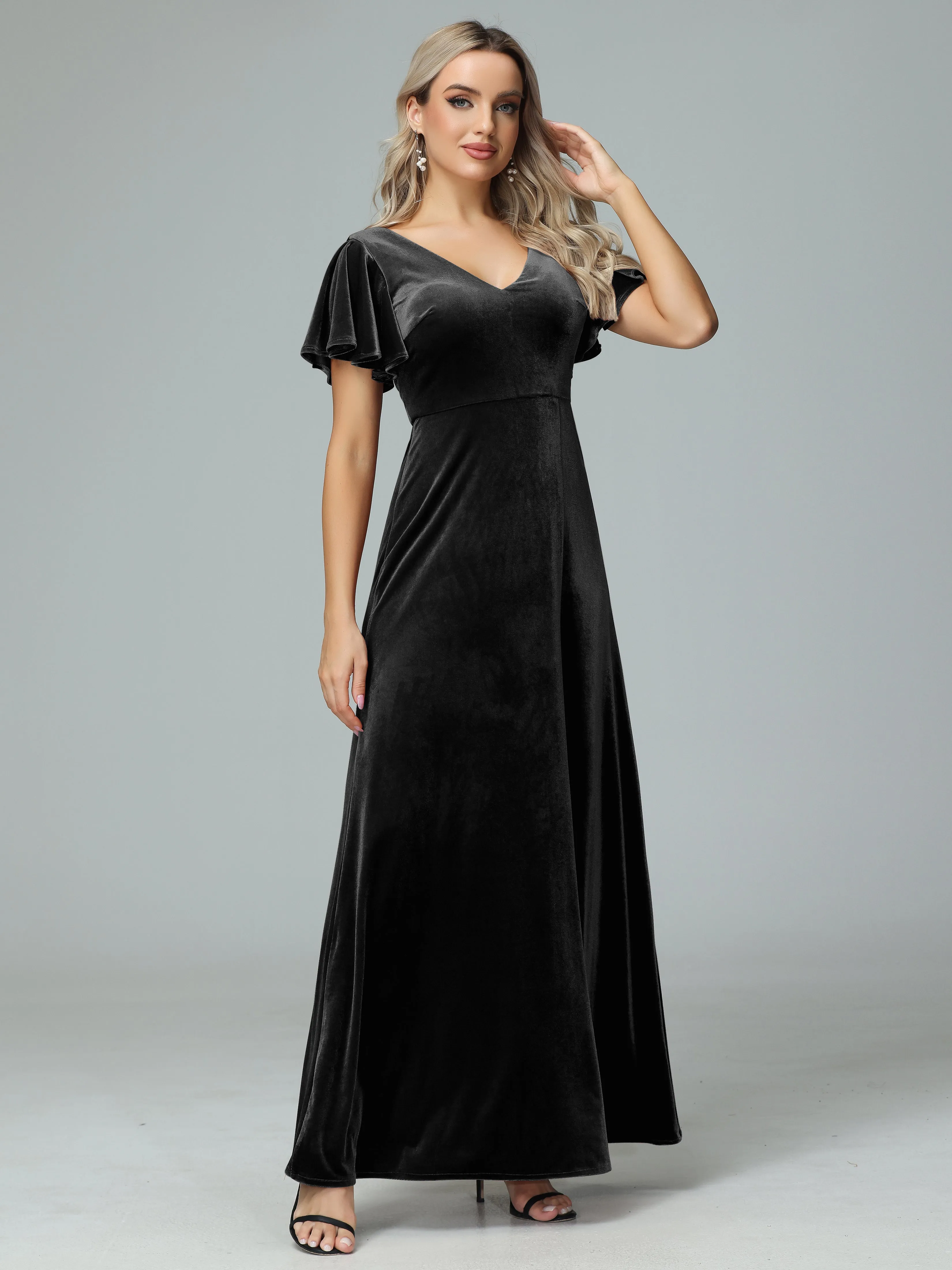 Ruffle Short Sleeves V-neck Velvet Bridesmaid Dresses
