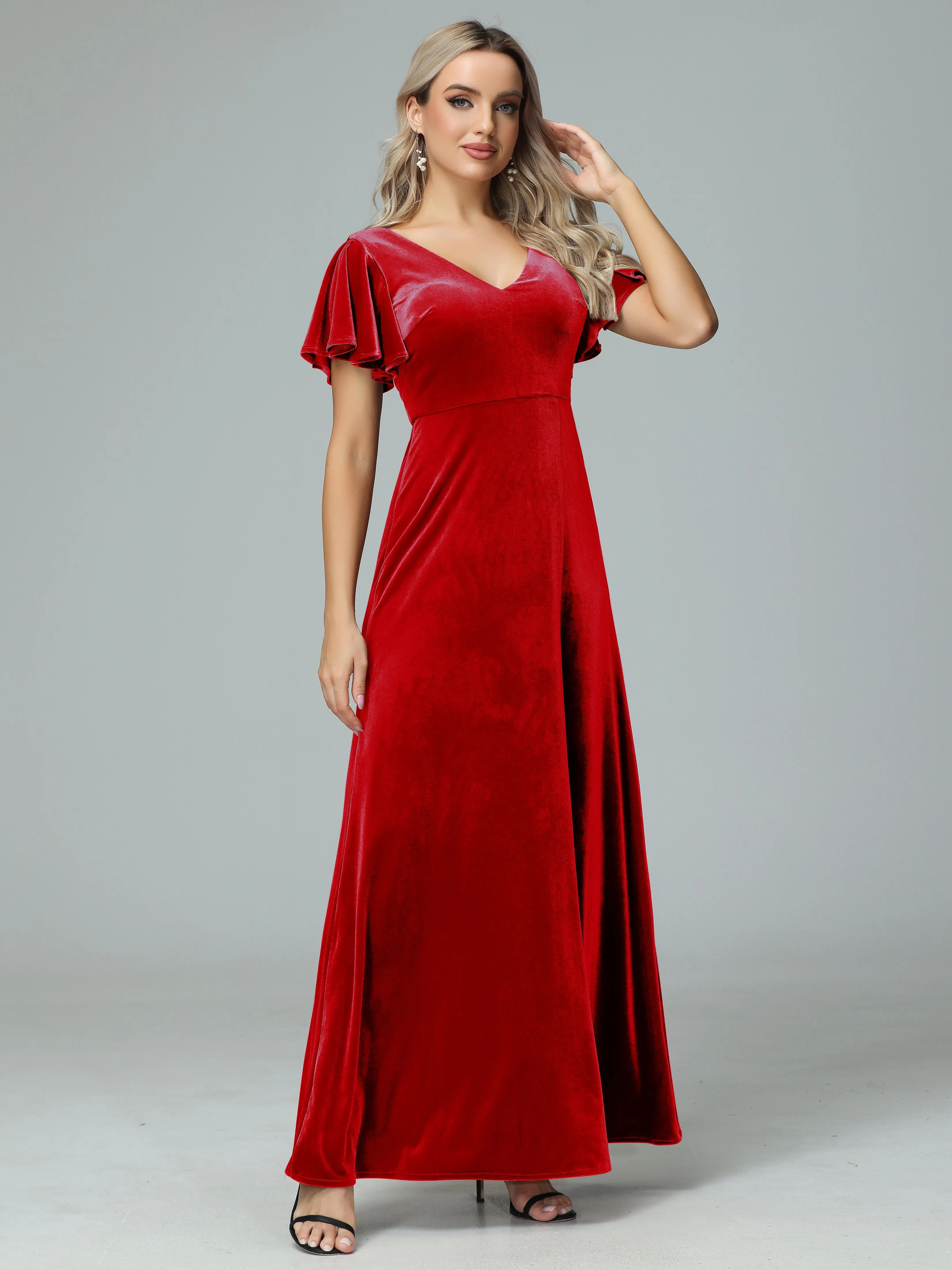 Ruffle Short Sleeves V-neck Velvet Bridesmaid Dresses
