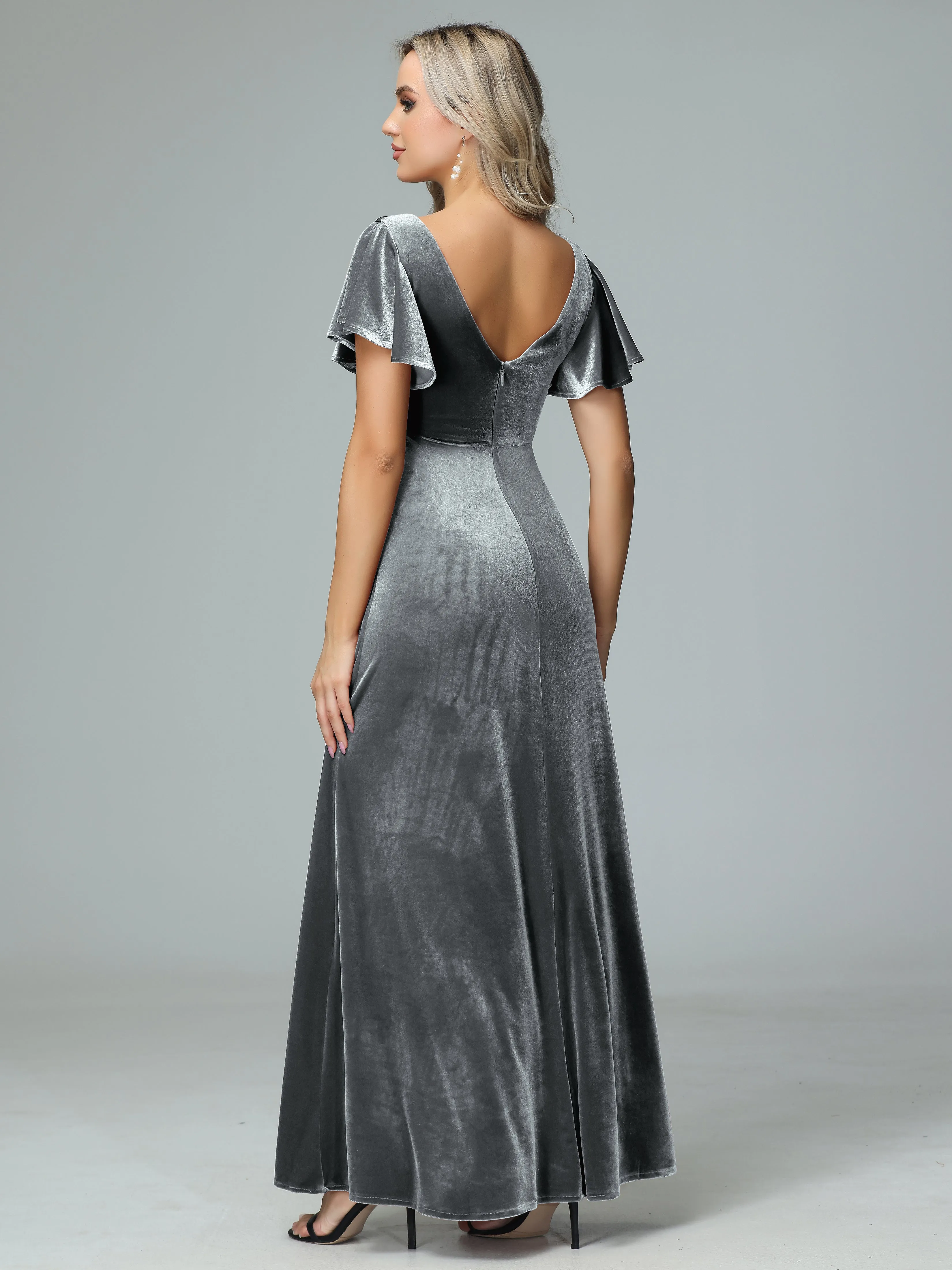 Ruffle Short Sleeves V-neck Velvet Bridesmaid Dresses