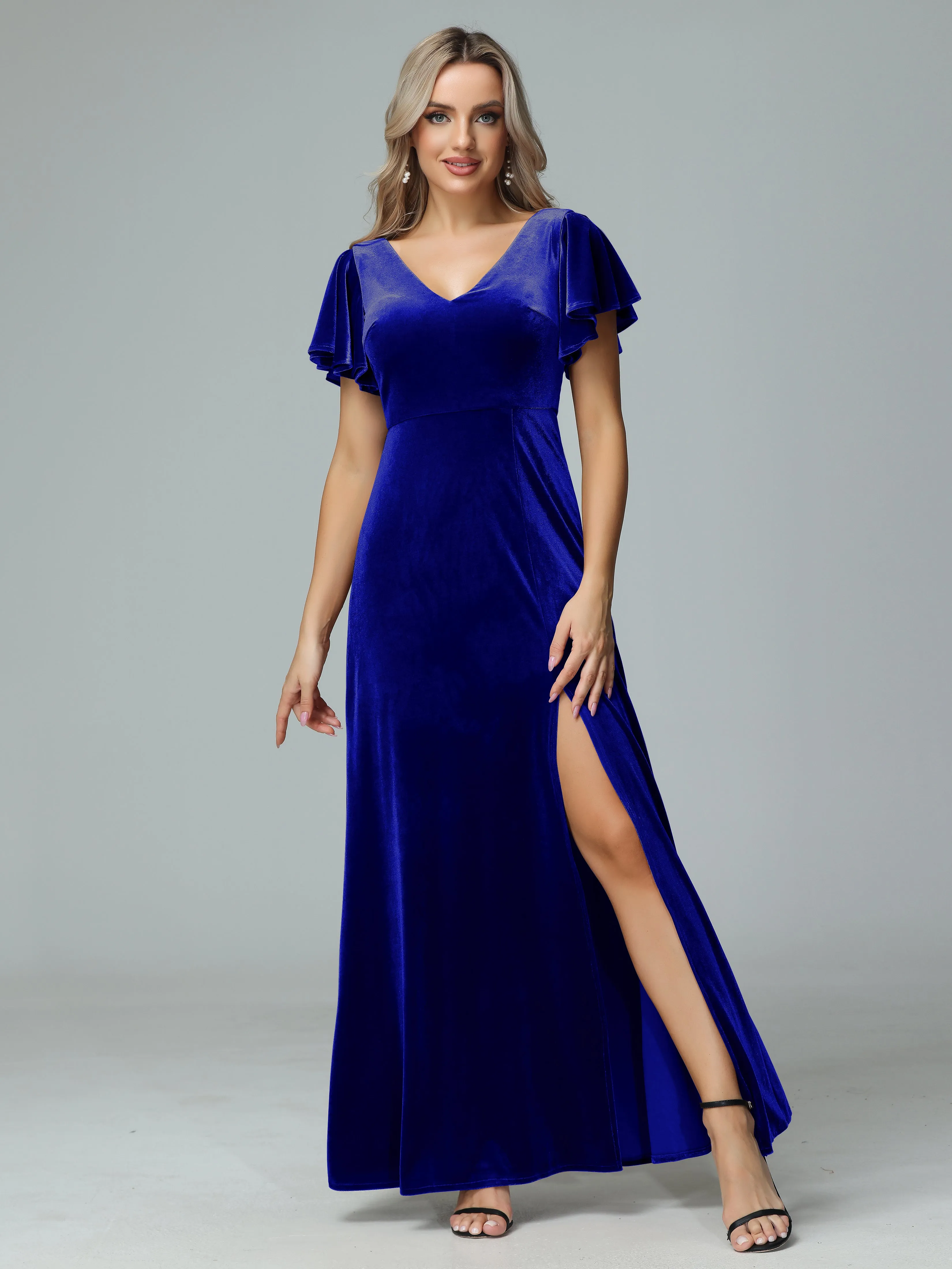 Ruffle Short Sleeves V-neck Velvet Bridesmaid Dresses
