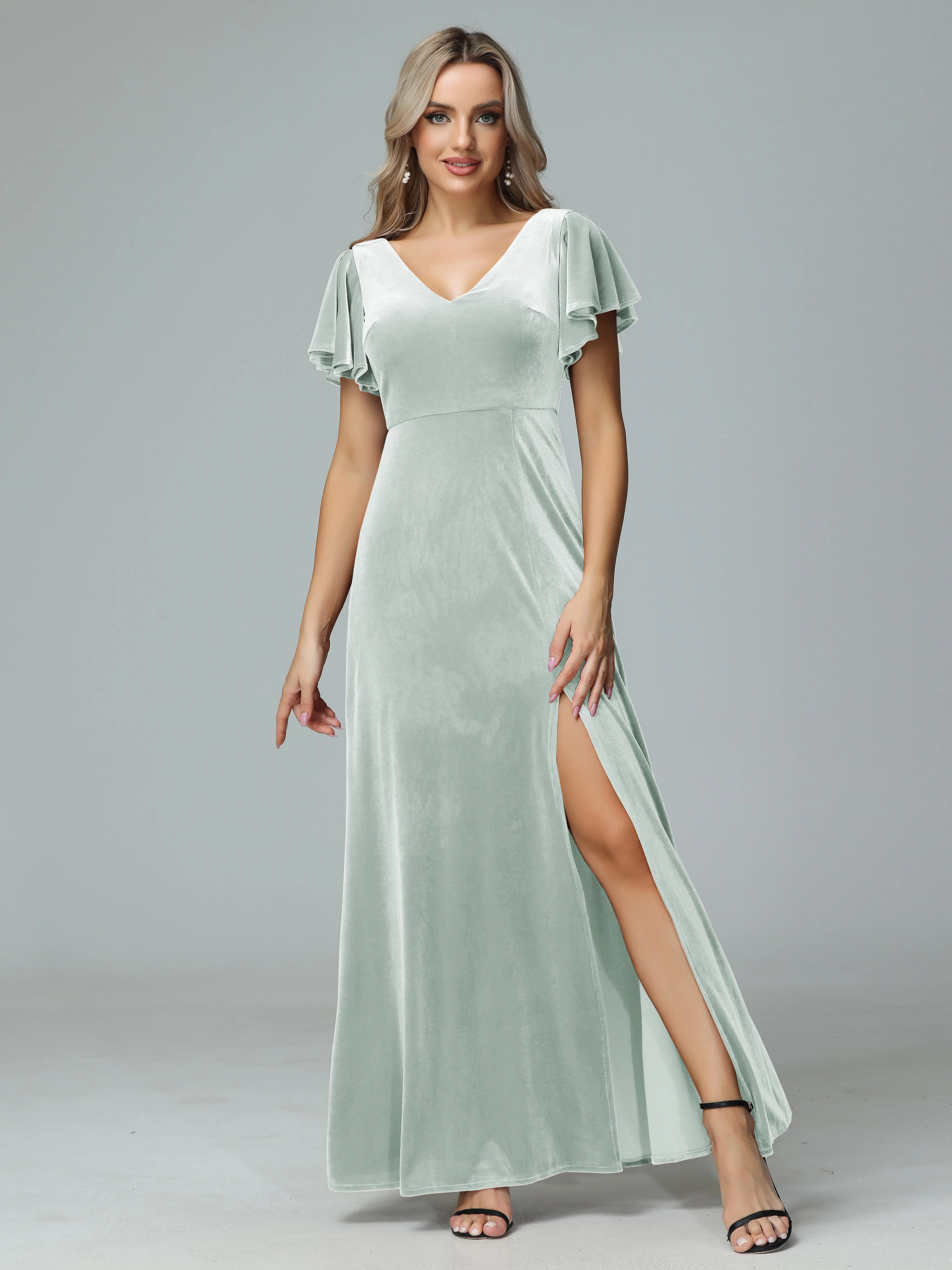 Ruffle Short Sleeves V-neck Velvet Bridesmaid Dresses