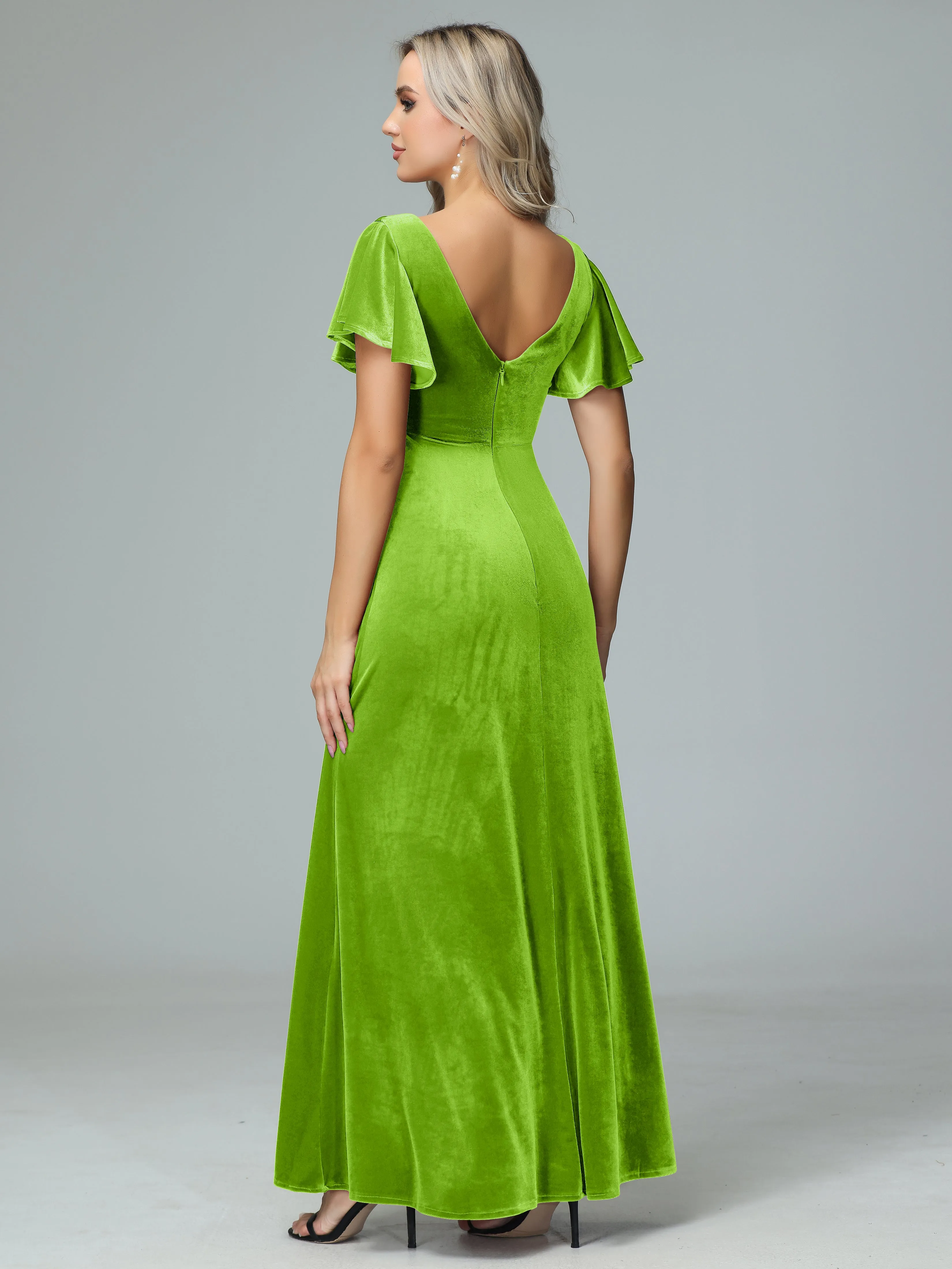 Ruffle Short Sleeves V-neck Velvet Bridesmaid Dresses