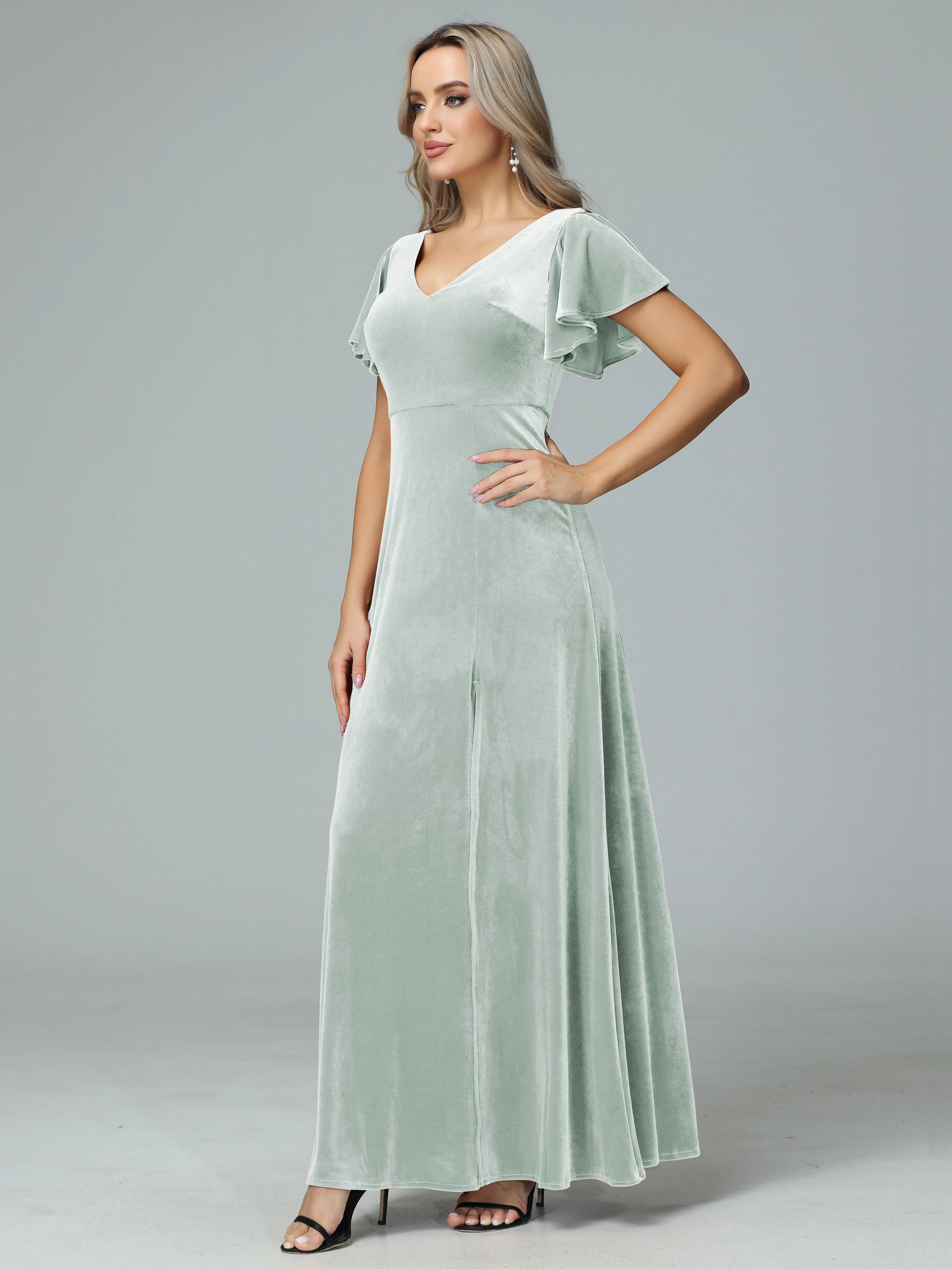 Ruffle Short Sleeves V-neck Velvet Bridesmaid Dresses