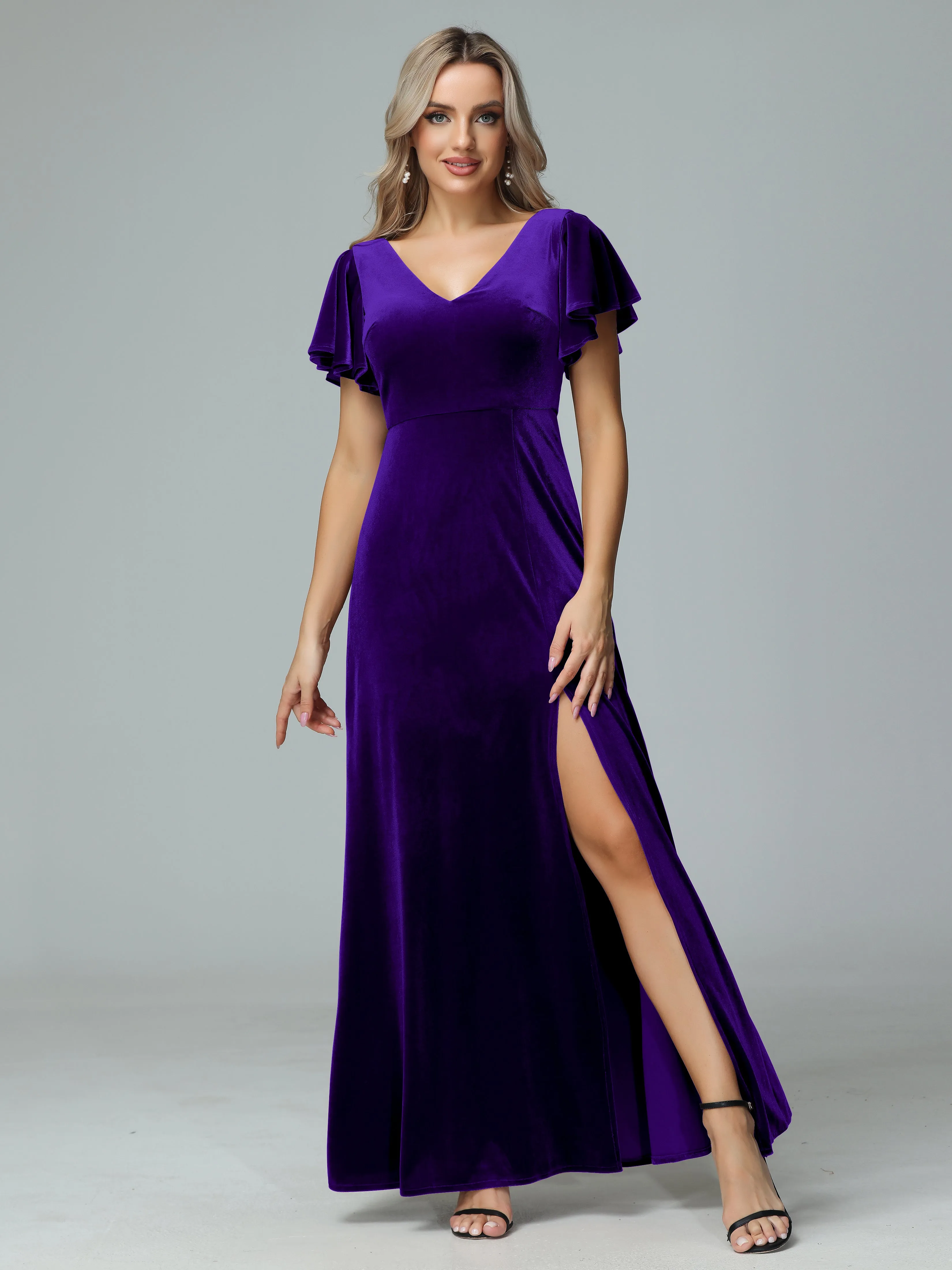 Ruffle Short Sleeves V-neck Velvet Bridesmaid Dresses