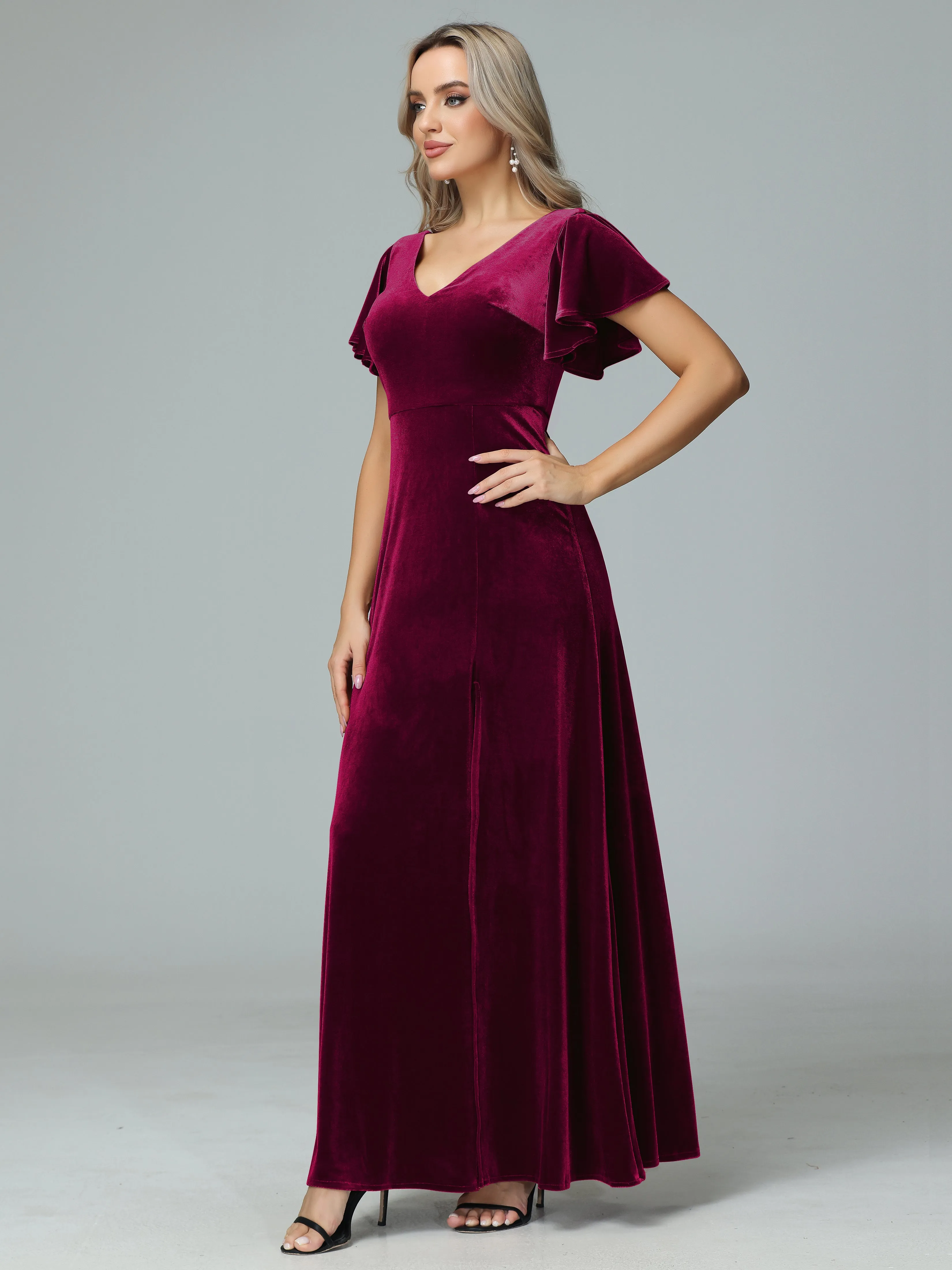 Ruffle Short Sleeves V-neck Velvet Bridesmaid Dresses