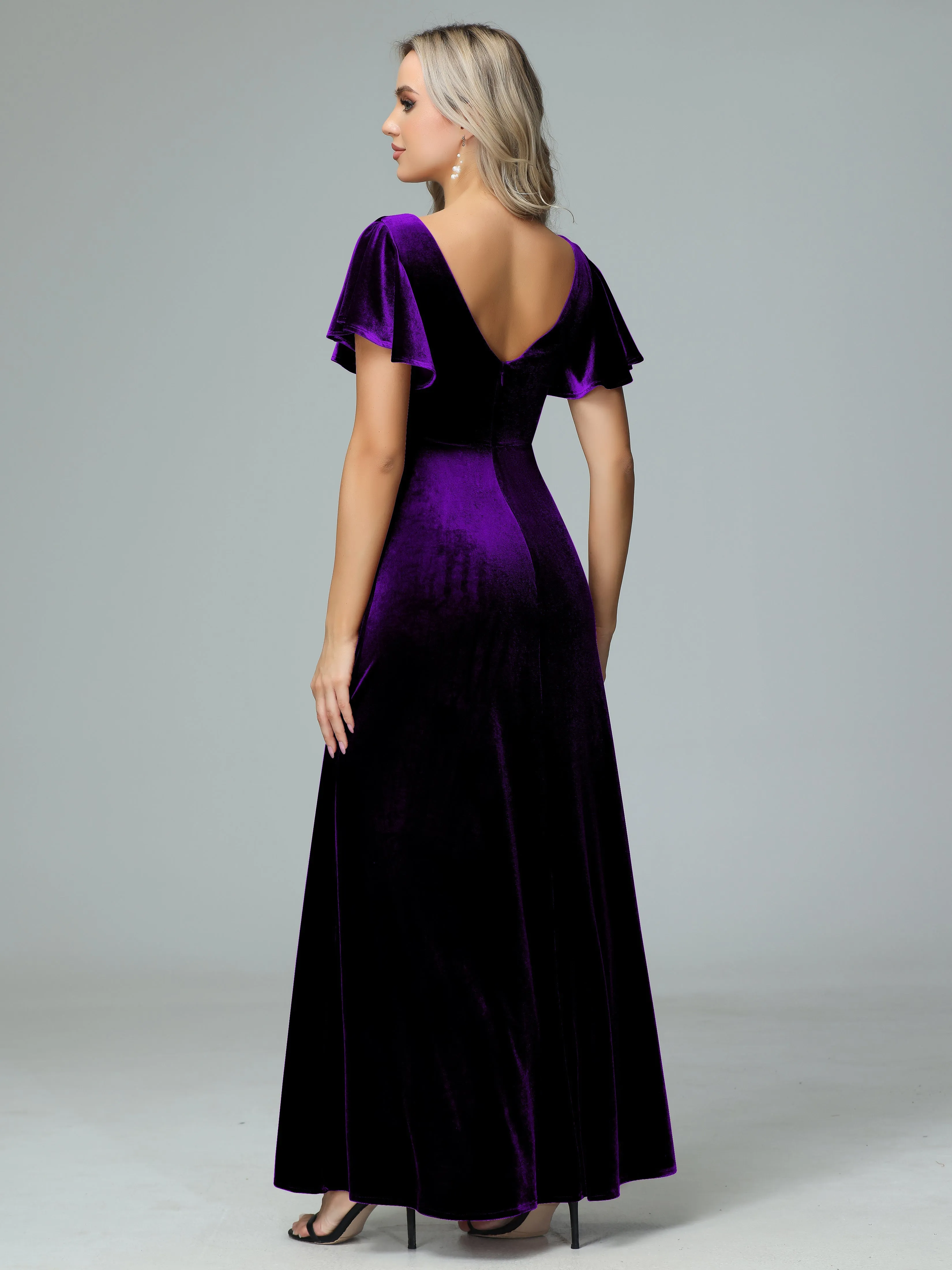 Ruffle Short Sleeves V-neck Velvet Bridesmaid Dresses