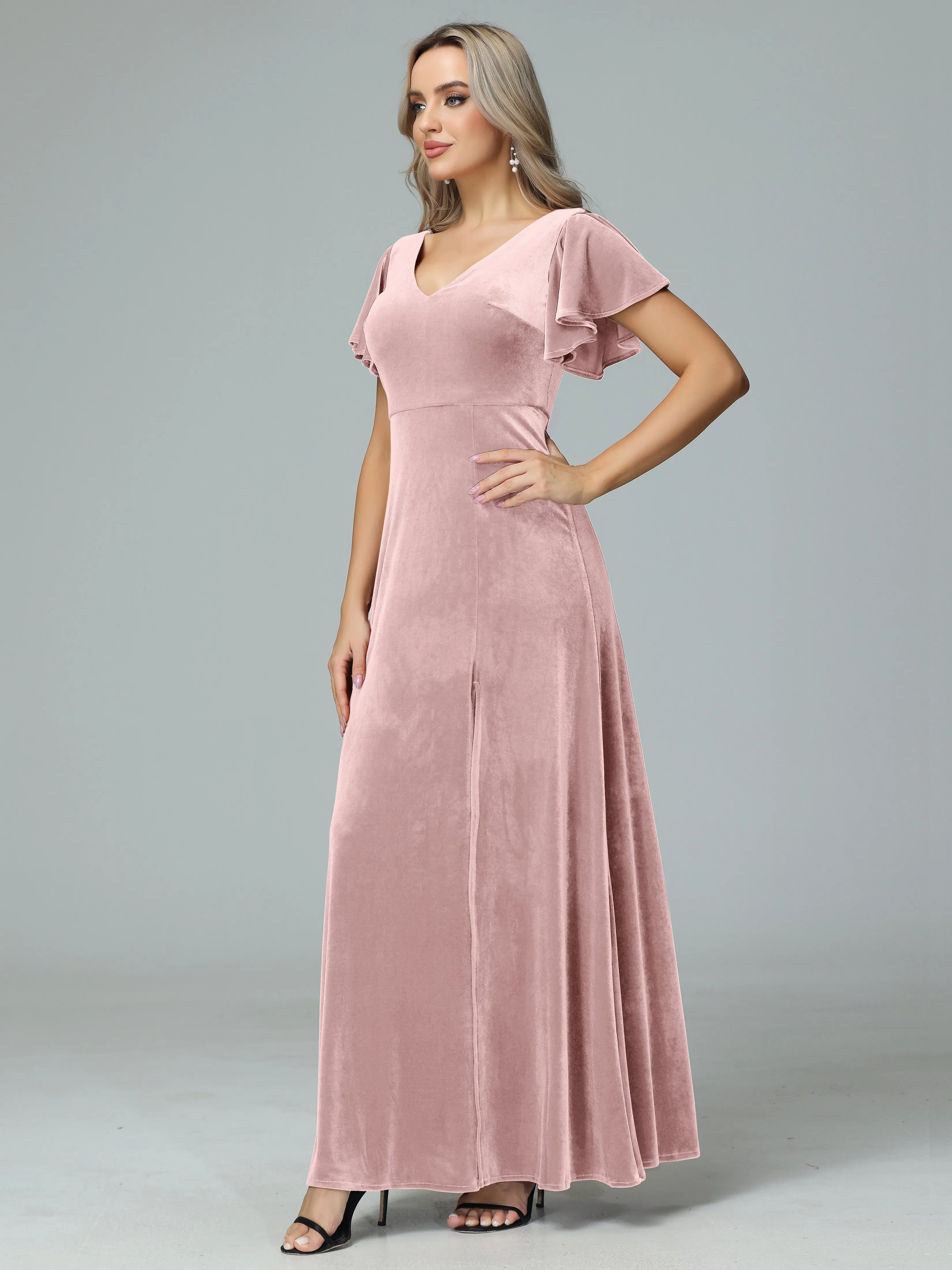 Ruffle Short Sleeves V-neck Velvet Bridesmaid Dresses