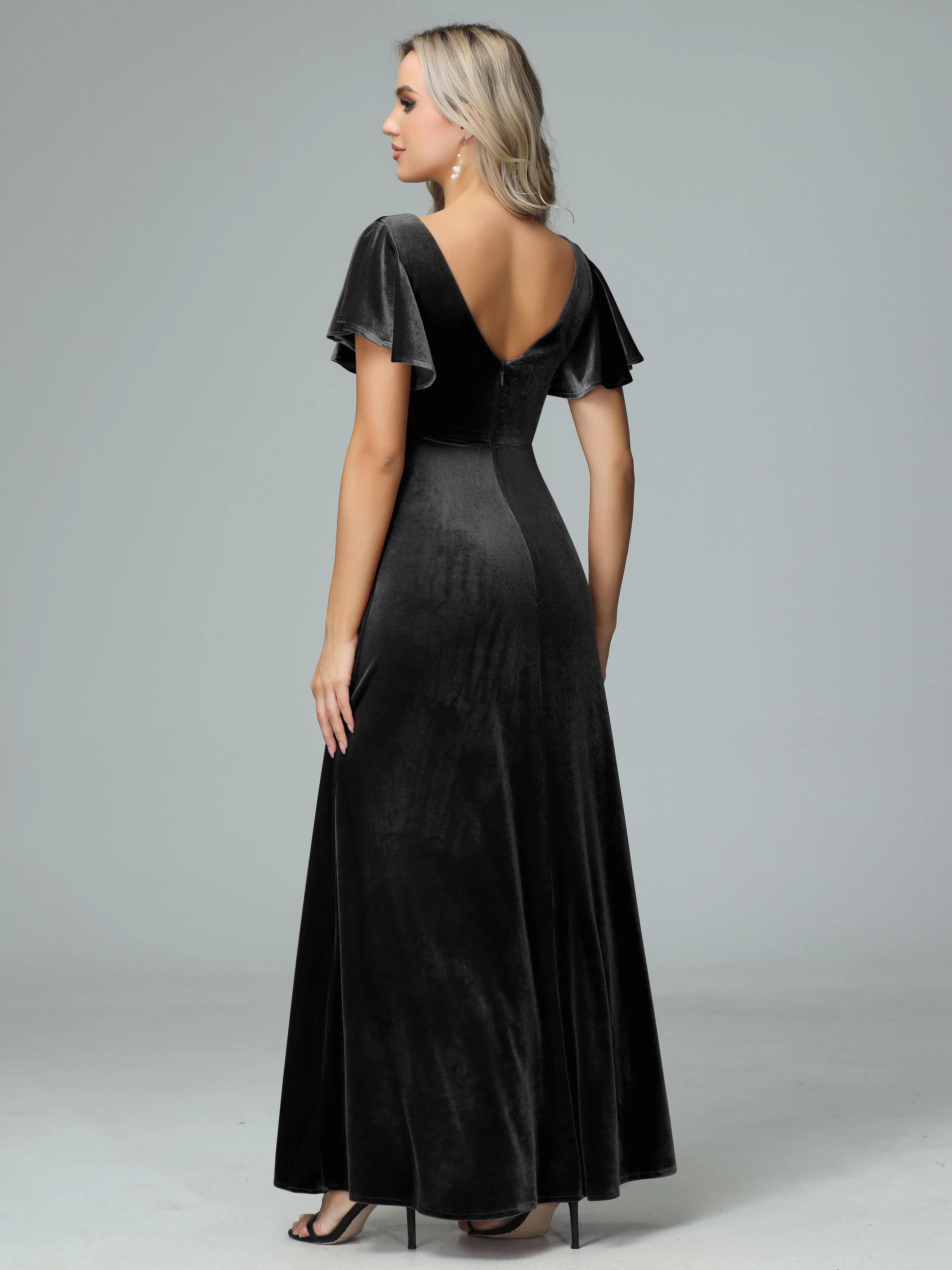 Ruffle Short Sleeves V-neck Velvet Bridesmaid Dresses