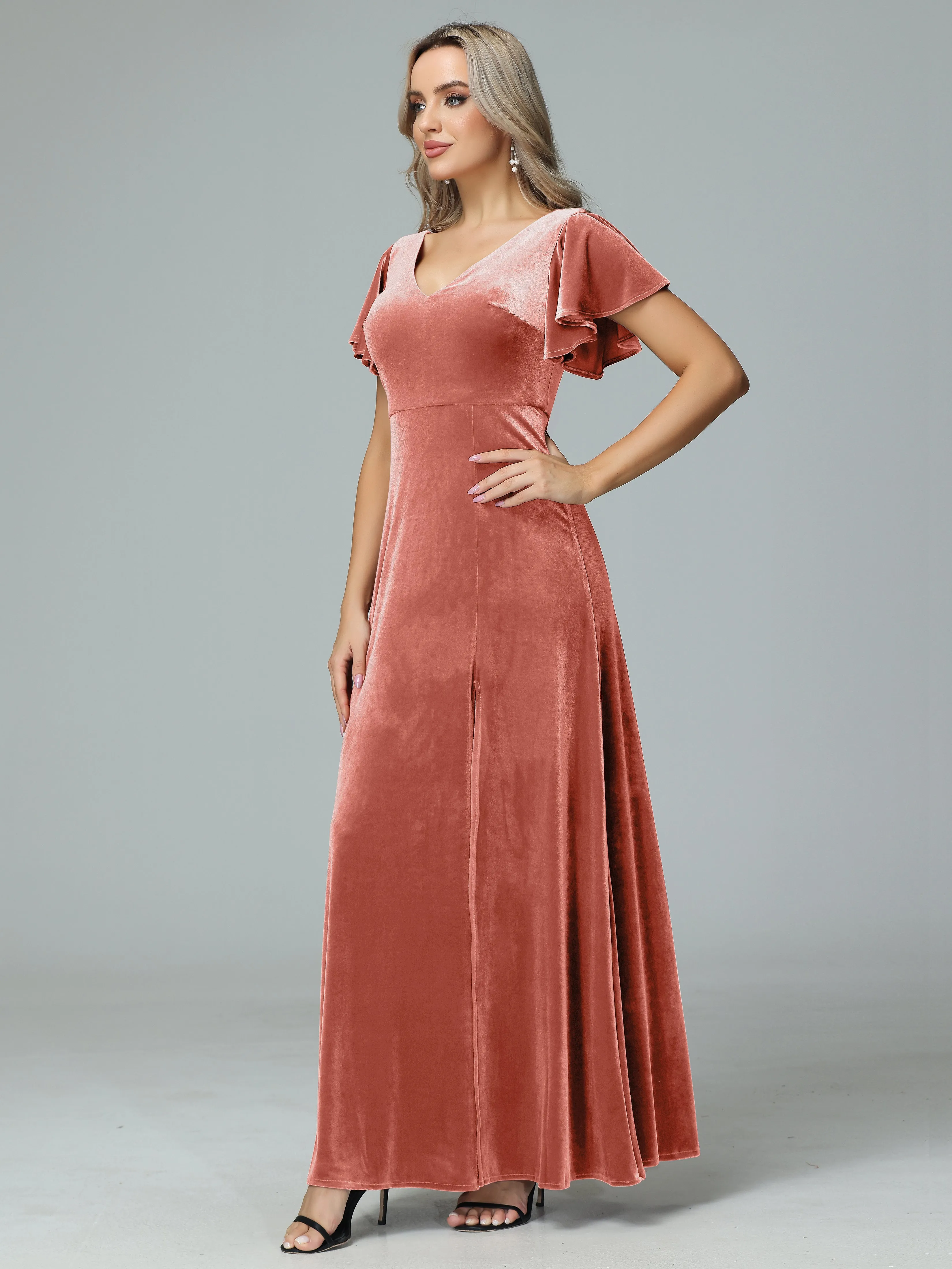 Ruffle Short Sleeves V-neck Velvet Bridesmaid Dresses
