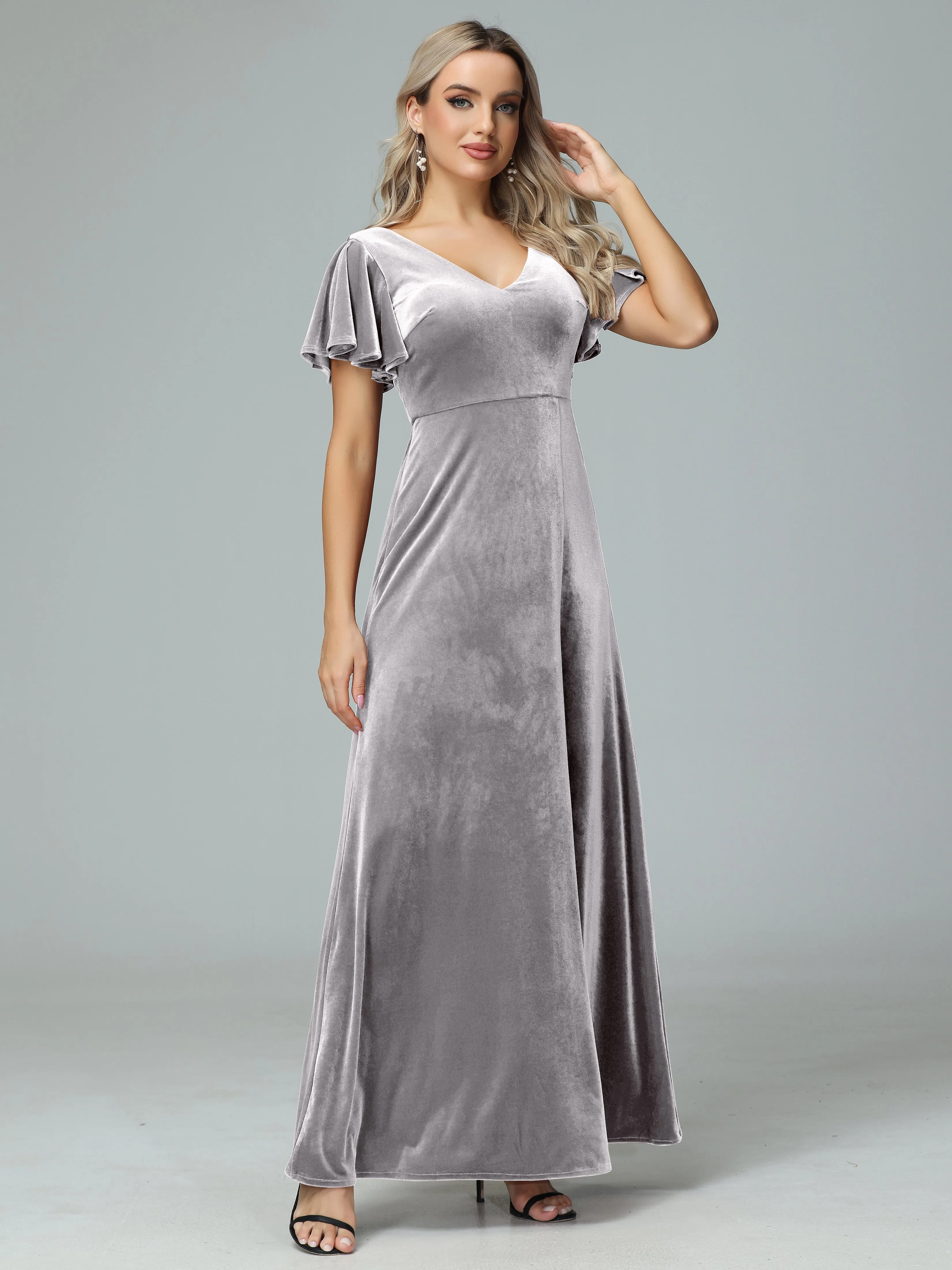 Ruffle Short Sleeves V-neck Velvet Bridesmaid Dresses