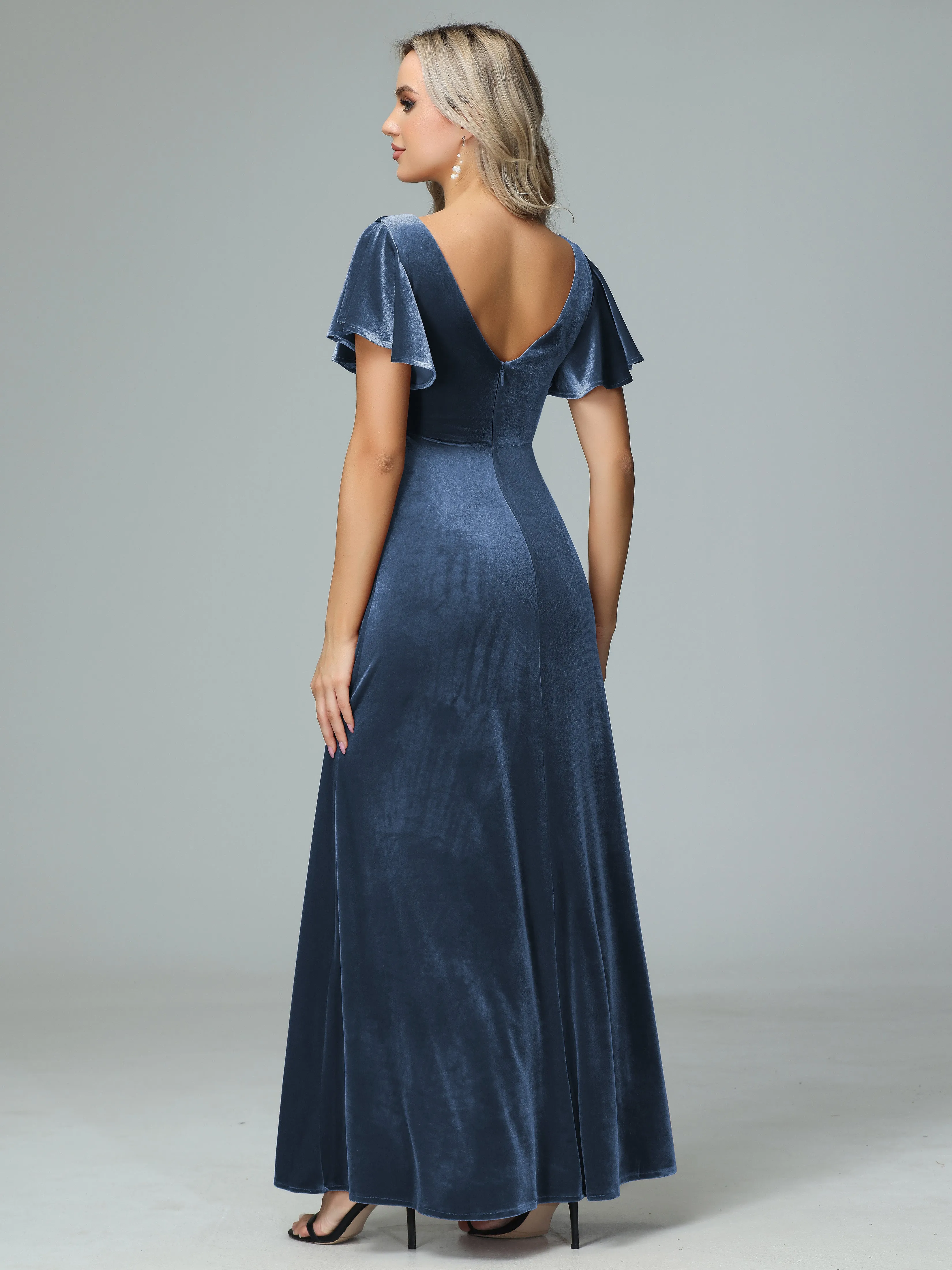 Ruffle Short Sleeves V-neck Velvet Bridesmaid Dresses