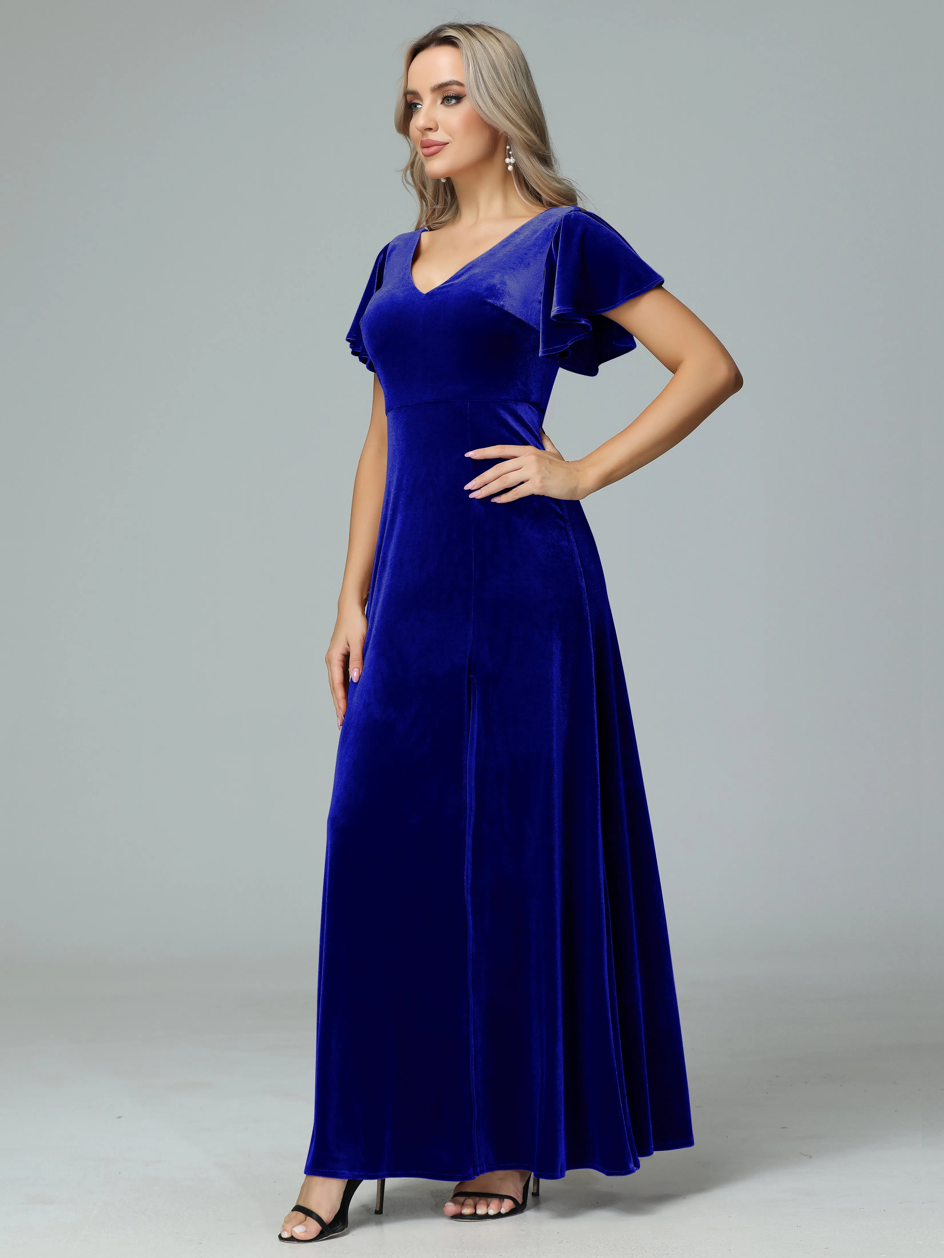 Ruffle Short Sleeves V-neck Velvet Bridesmaid Dresses