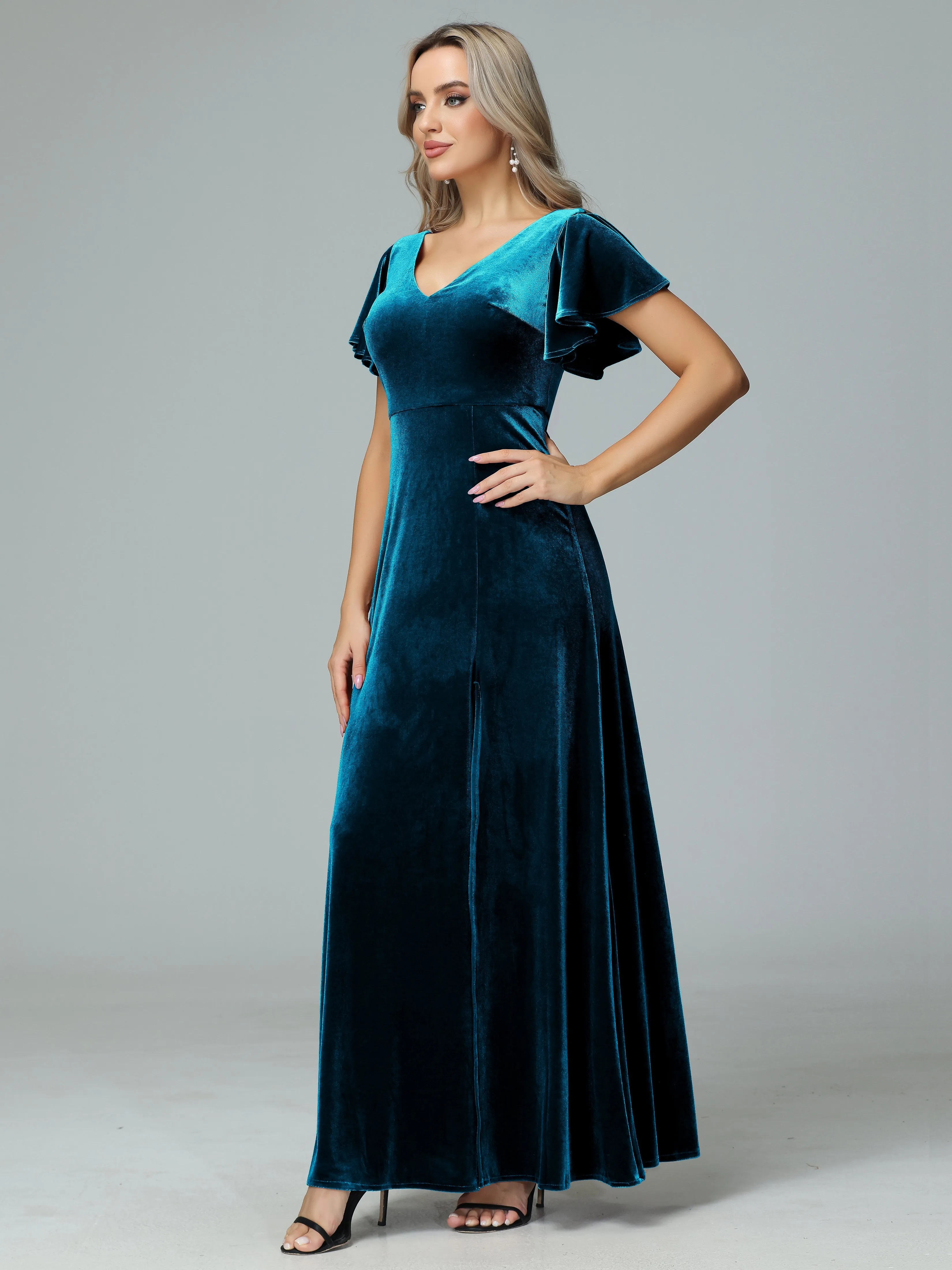 Ruffle Short Sleeves V-neck Velvet Bridesmaid Dresses