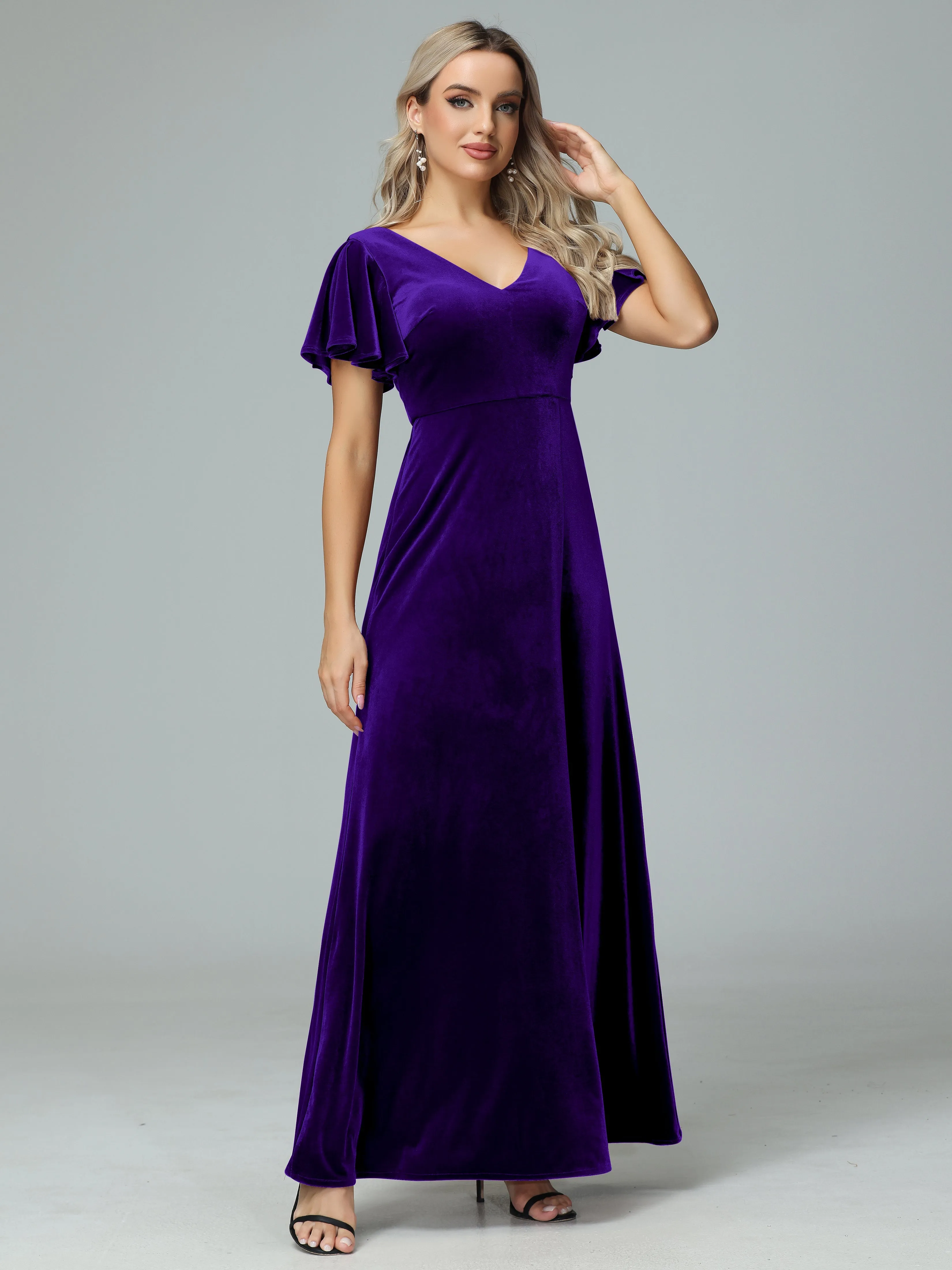 Ruffle Short Sleeves V-neck Velvet Bridesmaid Dresses