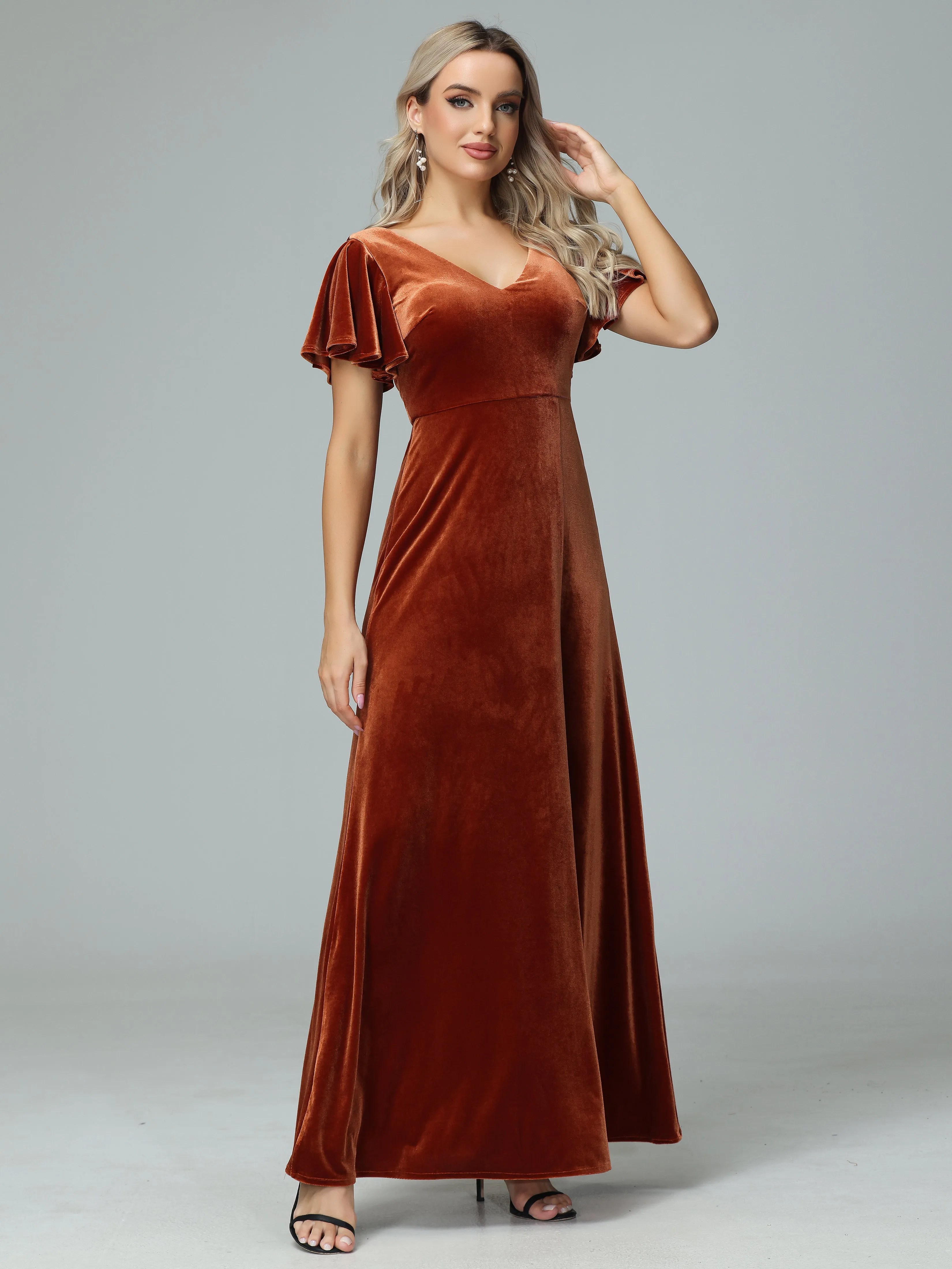 Ruffle Short Sleeves V-neck Velvet Bridesmaid Dresses