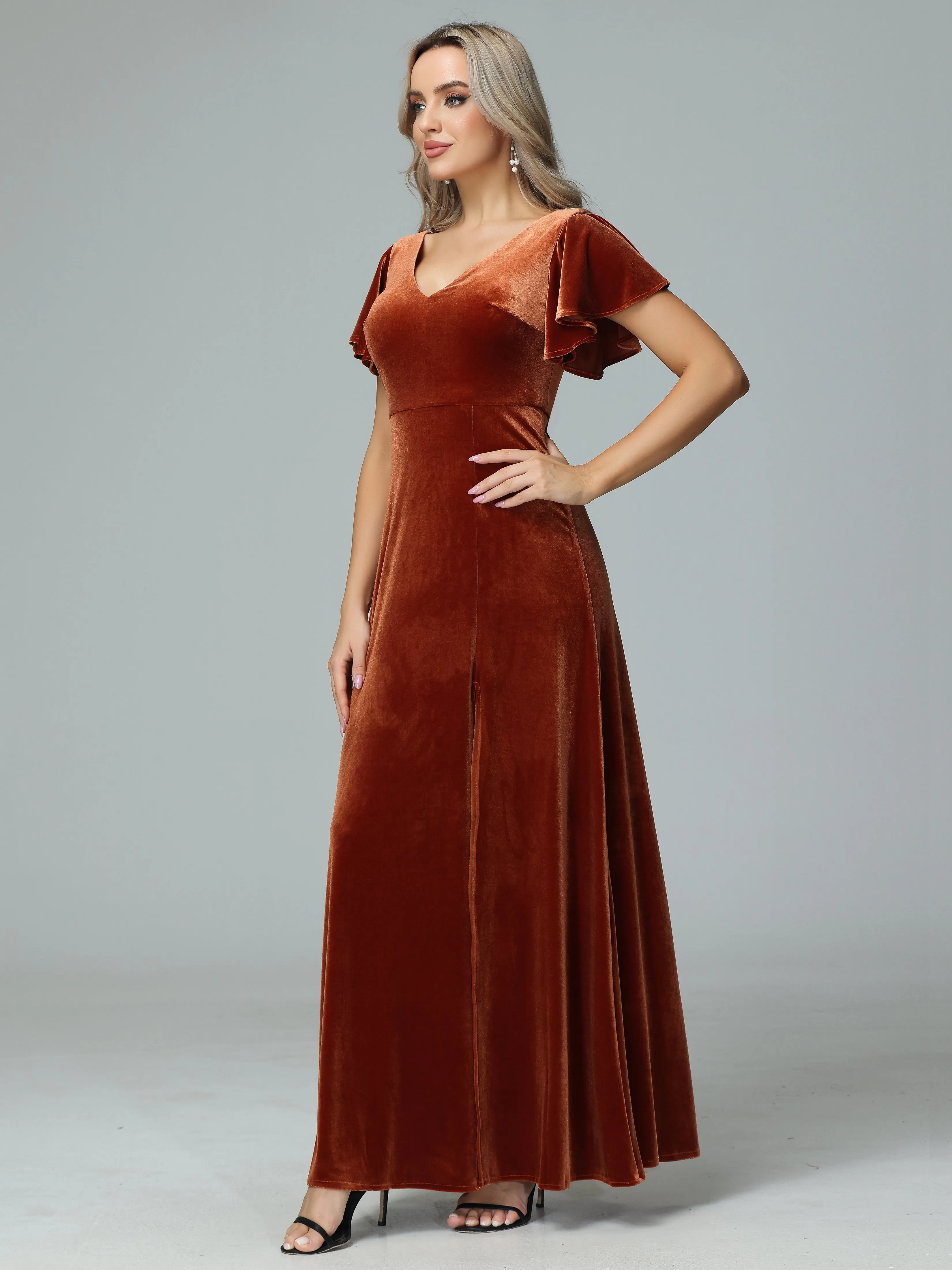 Ruffle Short Sleeves V-neck Velvet Bridesmaid Dresses