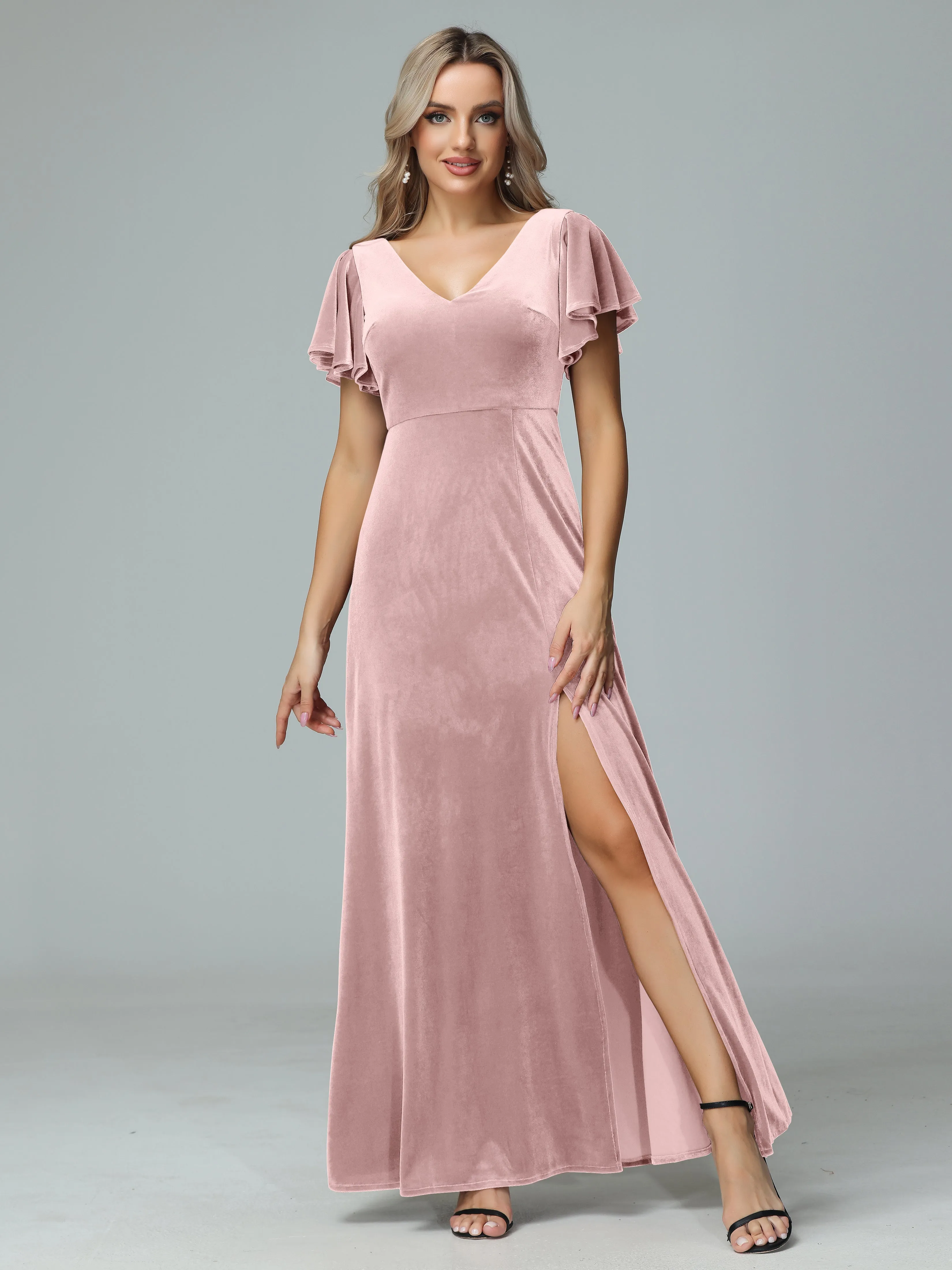 Ruffle Short Sleeves V-neck Velvet Bridesmaid Dresses