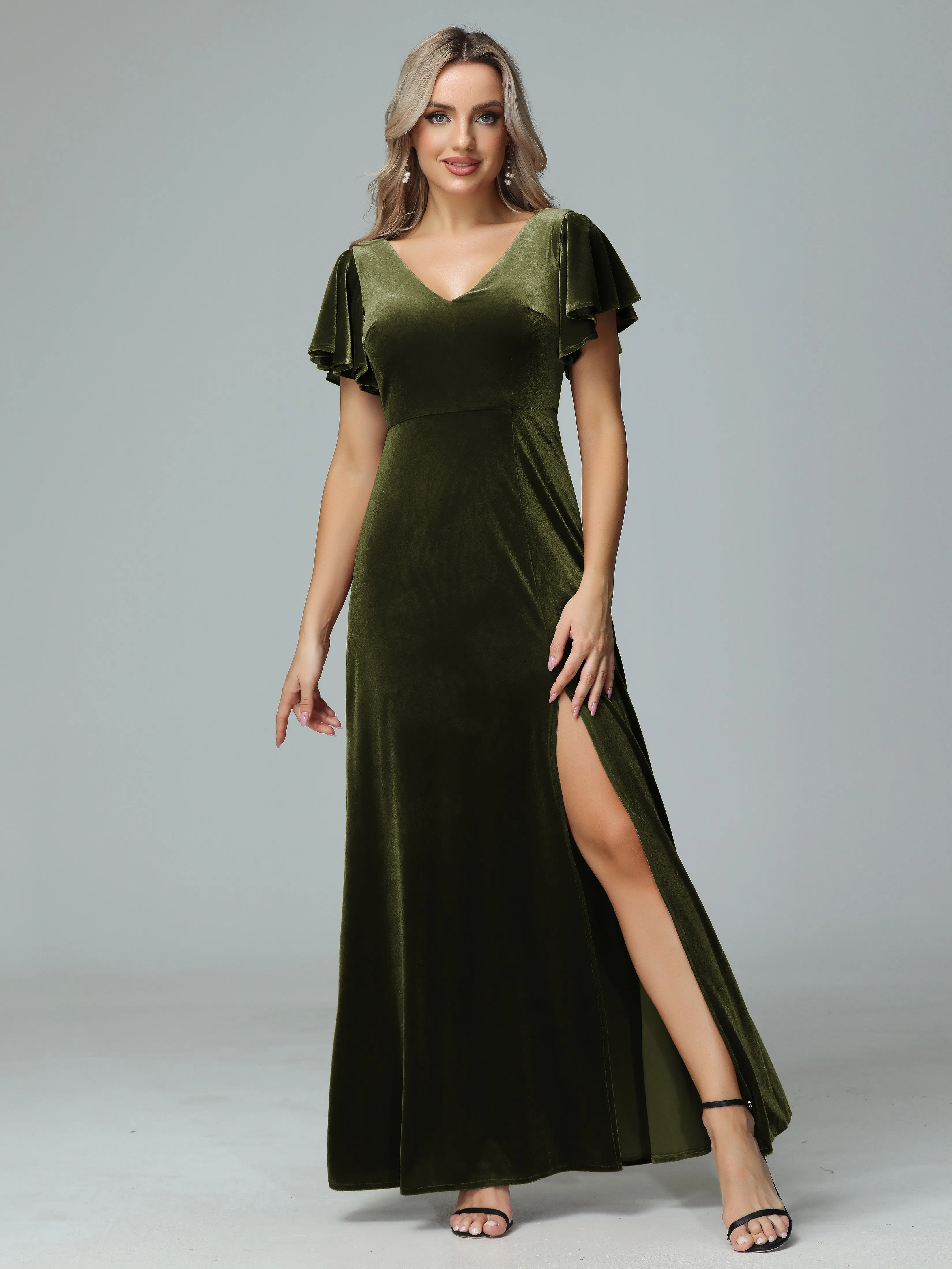 Ruffle Short Sleeves V-neck Velvet Bridesmaid Dresses