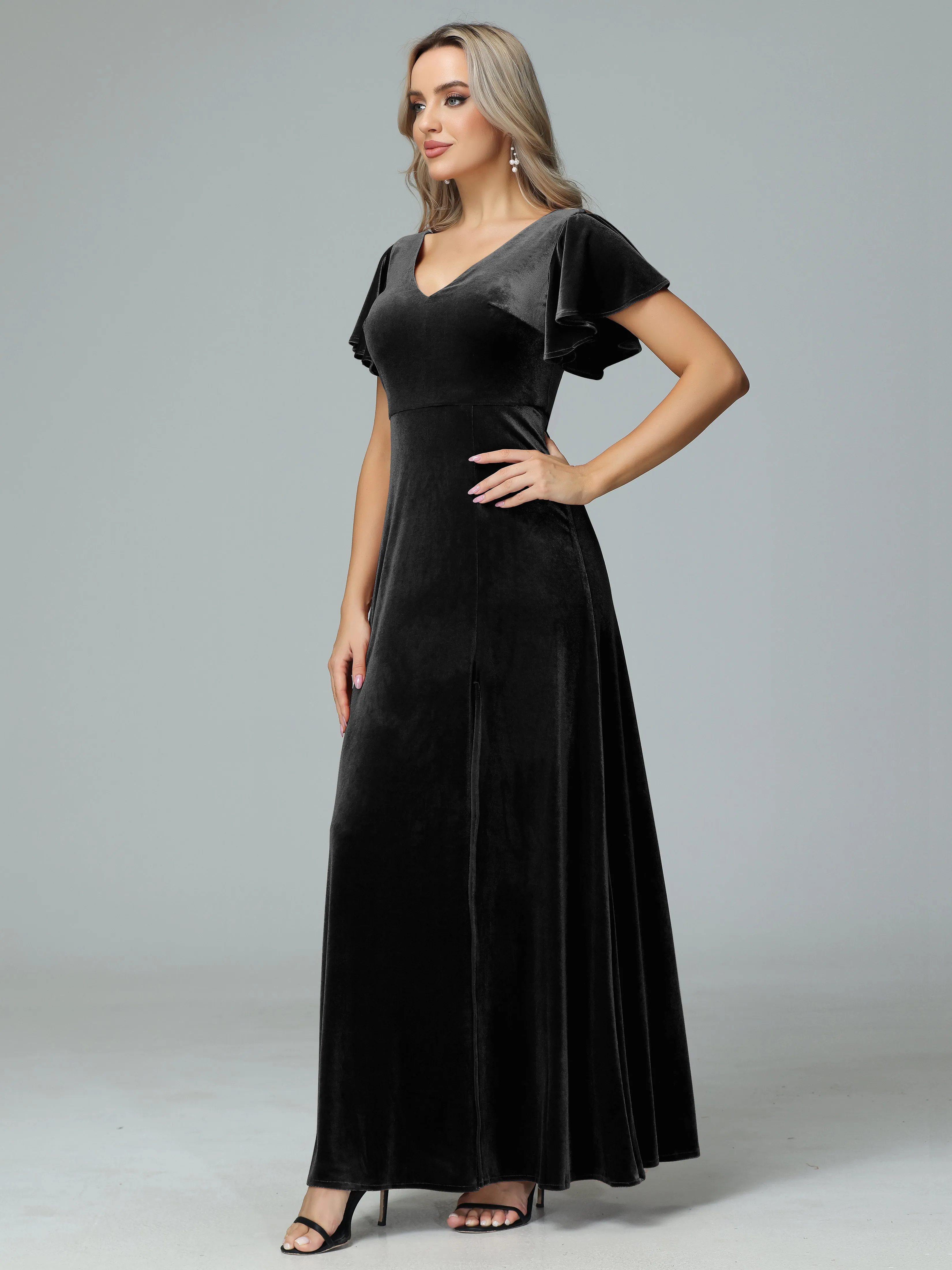 Ruffle Short Sleeves V-neck Velvet Bridesmaid Dresses
