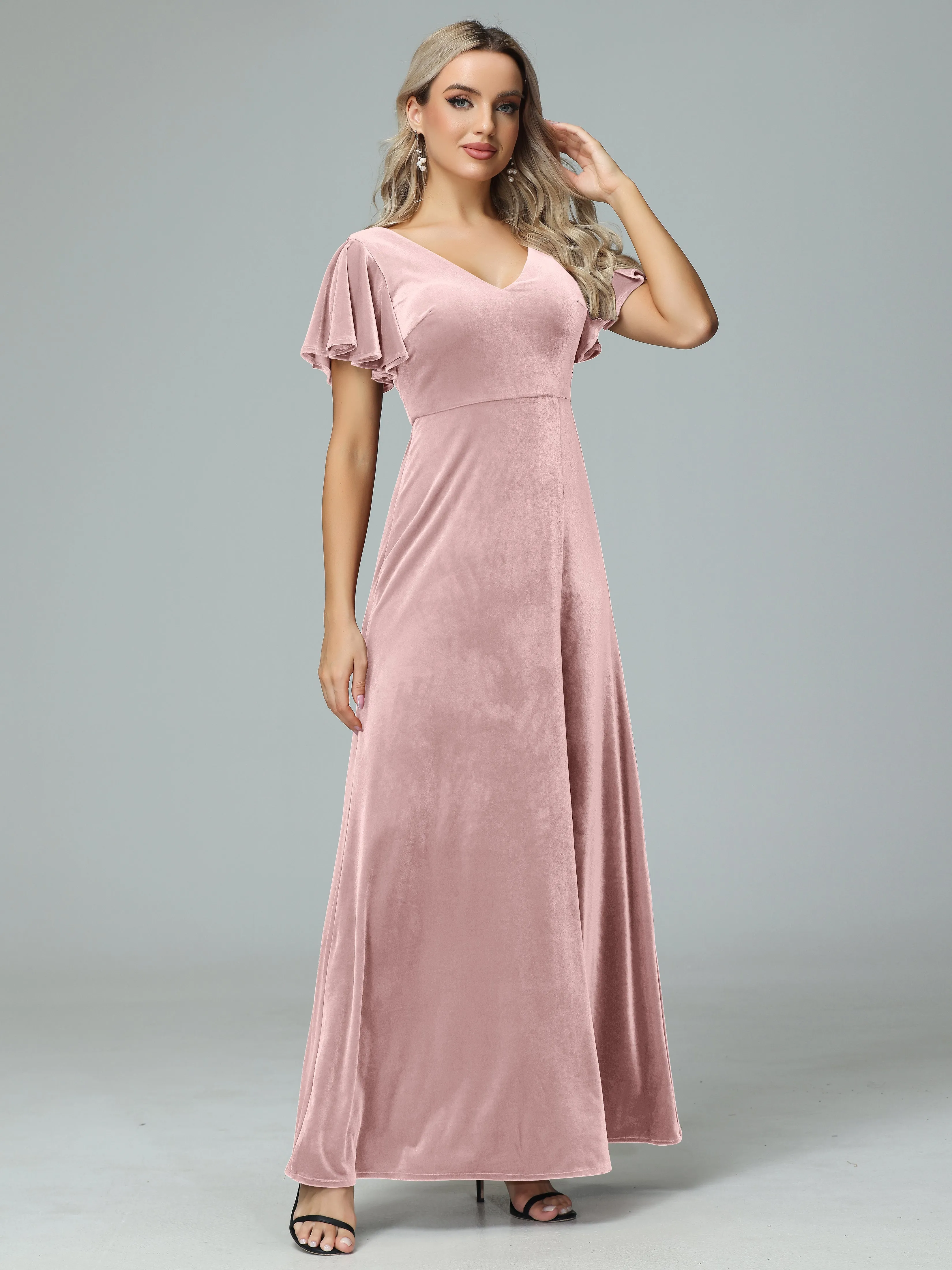 Ruffle Short Sleeves V-neck Velvet Bridesmaid Dresses