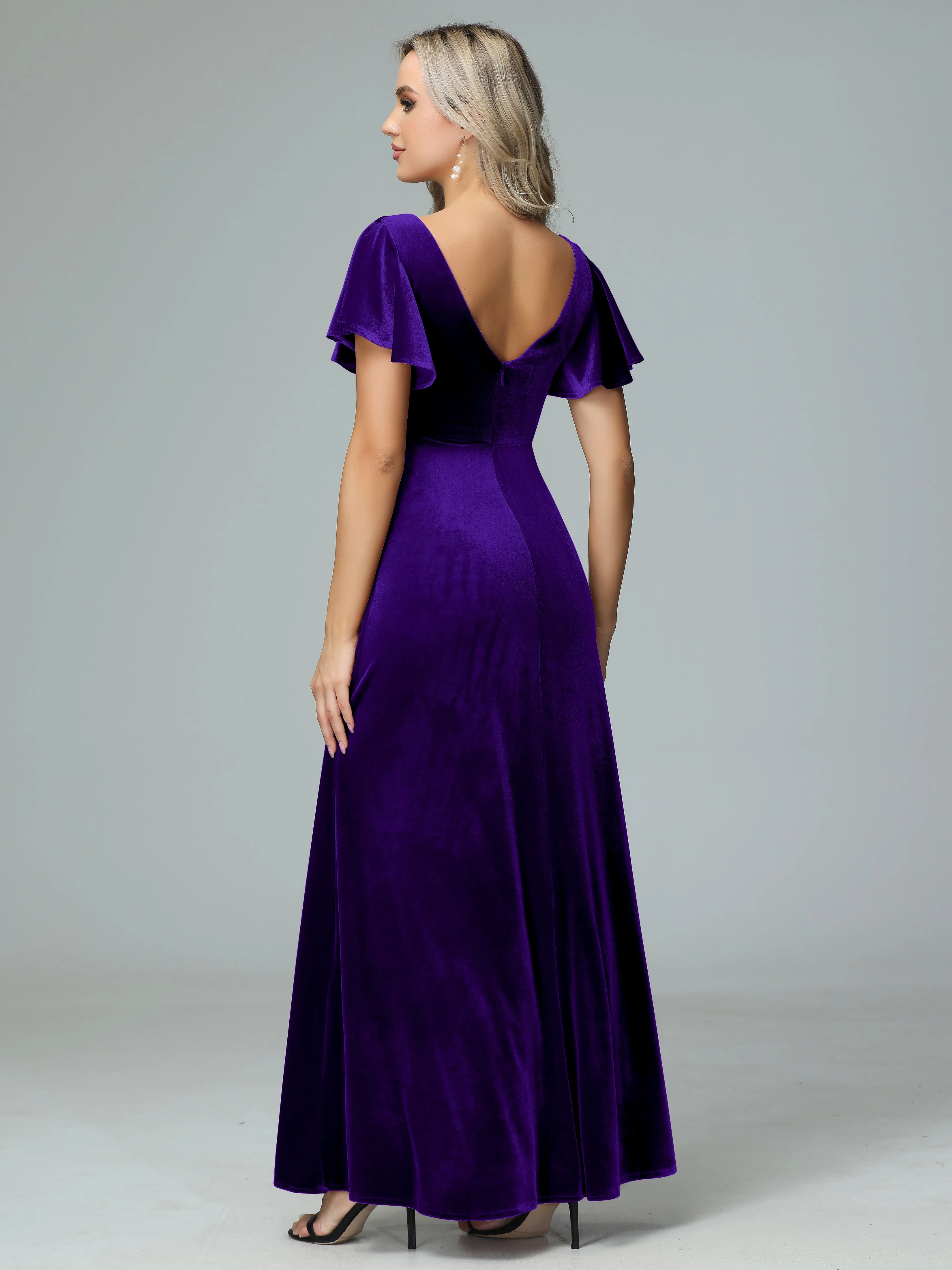 Ruffle Short Sleeves V-neck Velvet Bridesmaid Dresses
