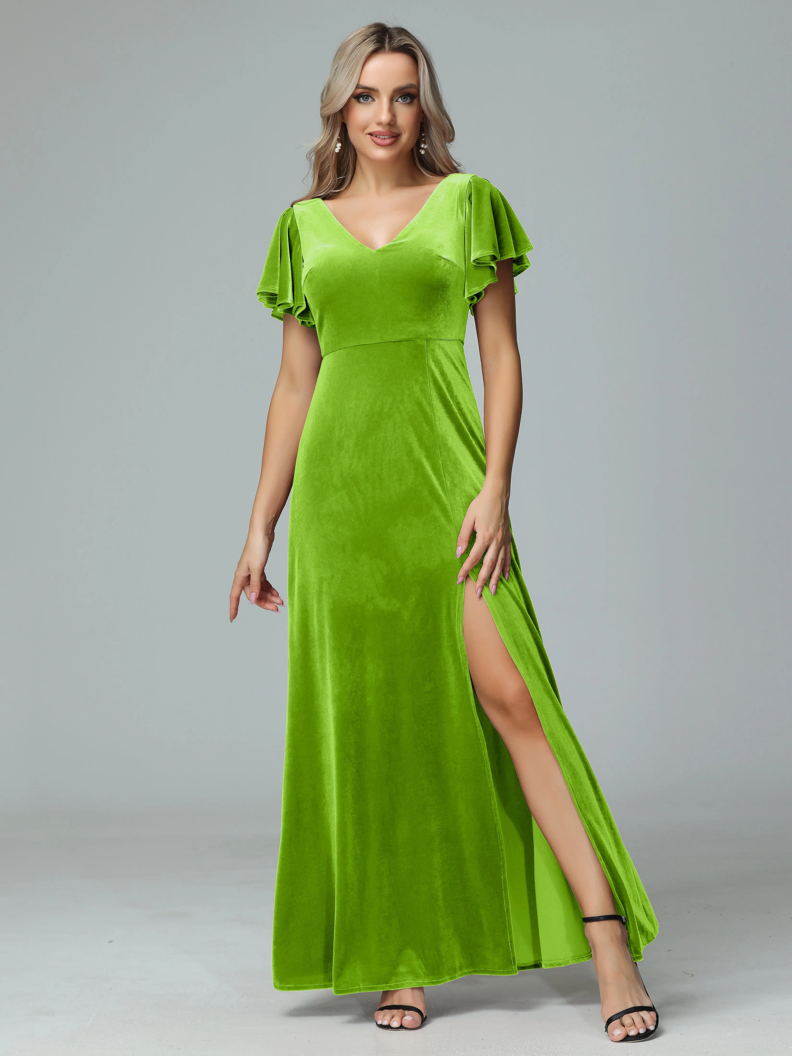 Ruffle Short Sleeves V-neck Velvet Bridesmaid Dresses