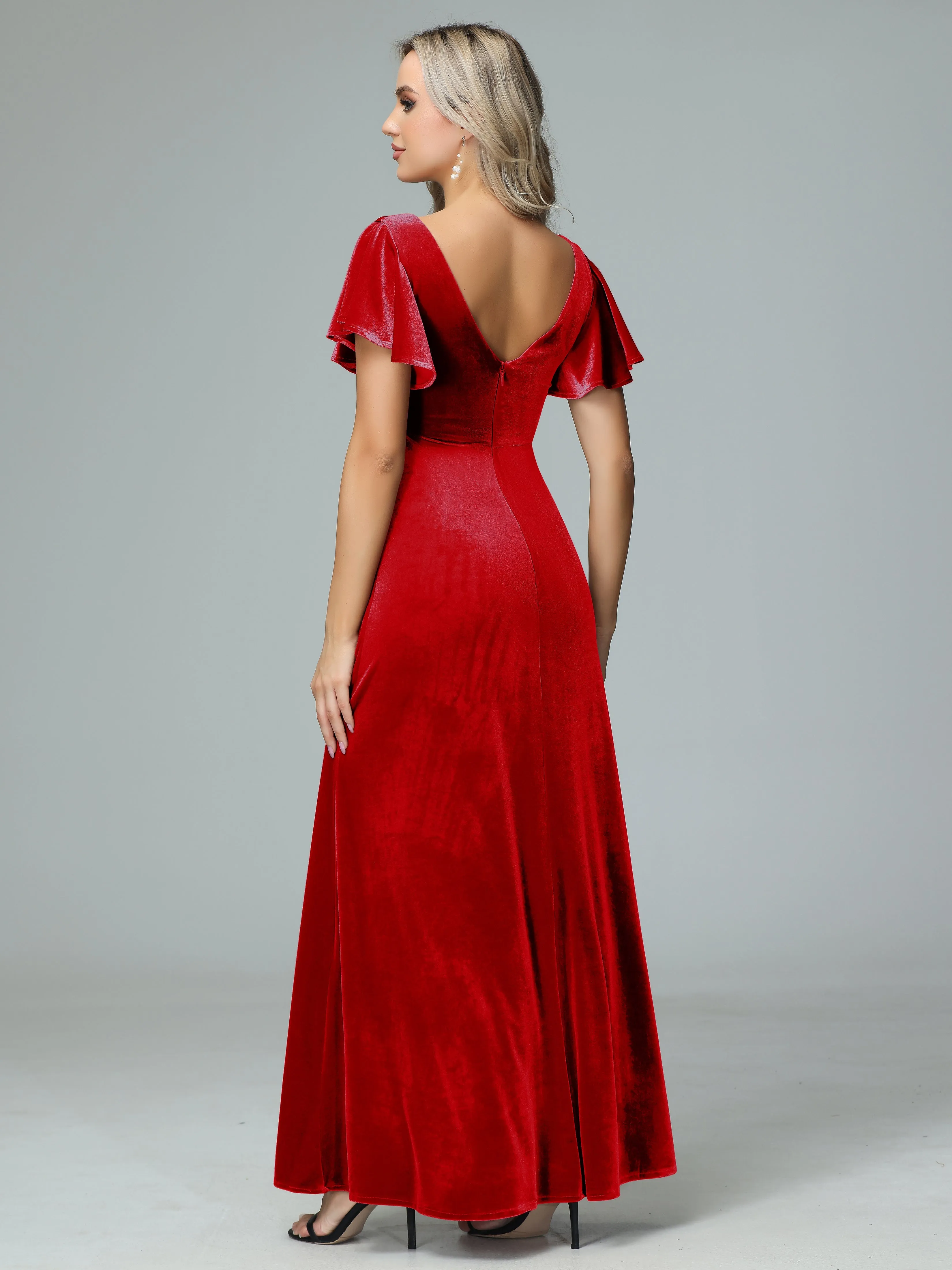 Ruffle Short Sleeves V-neck Velvet Bridesmaid Dresses