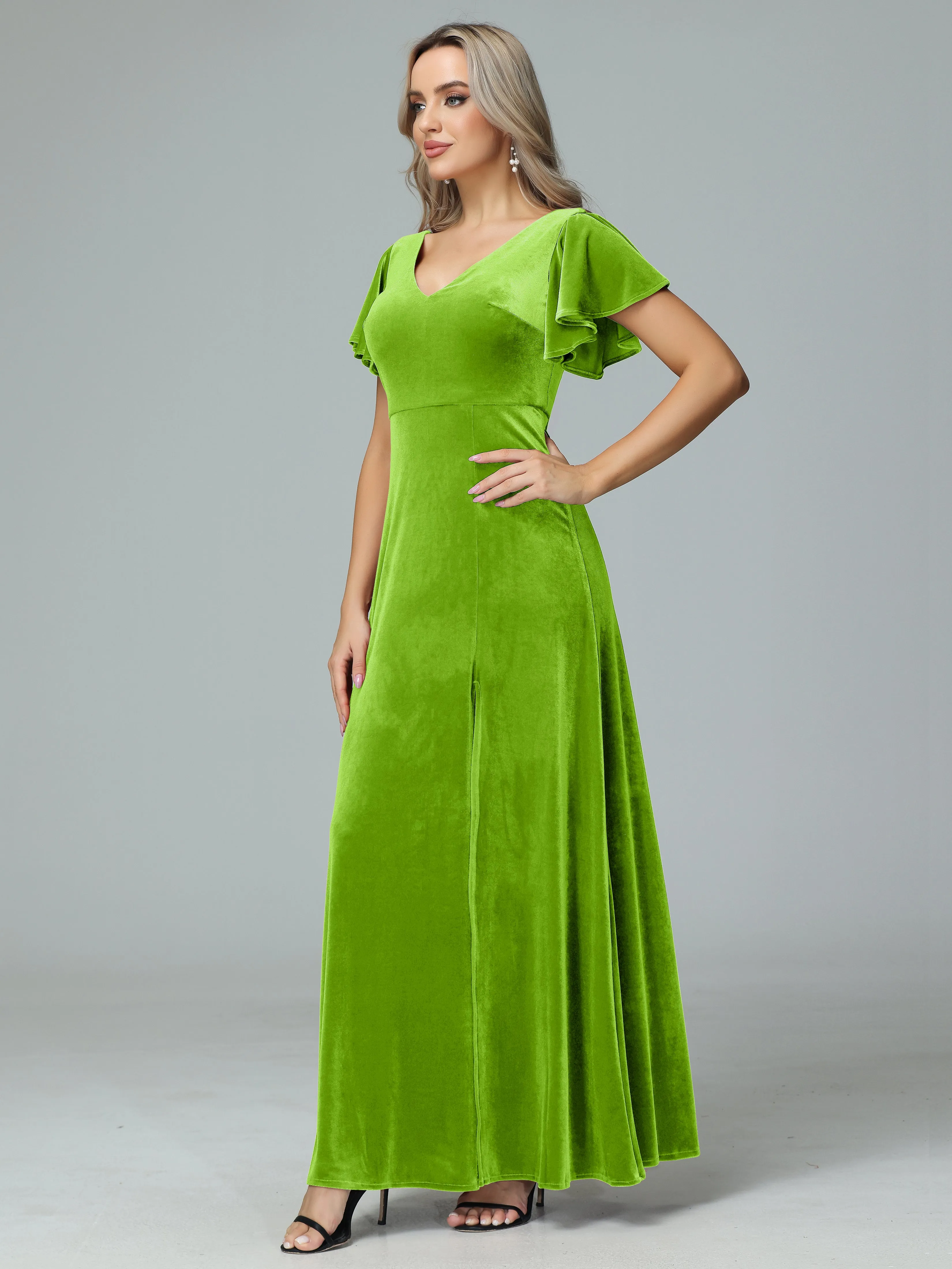 Ruffle Short Sleeves V-neck Velvet Bridesmaid Dresses
