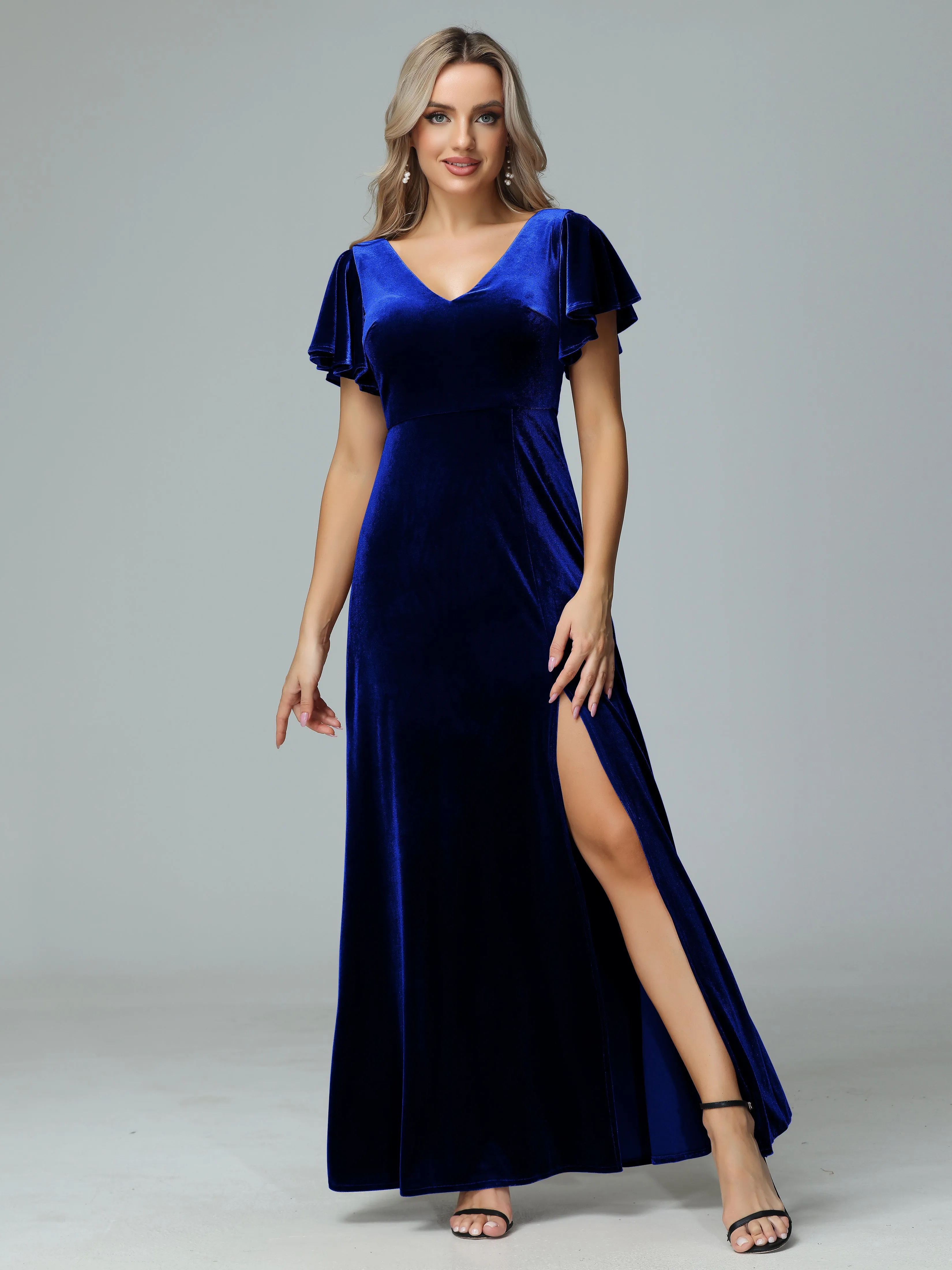 Ruffle Short Sleeves V-neck Velvet Bridesmaid Dresses