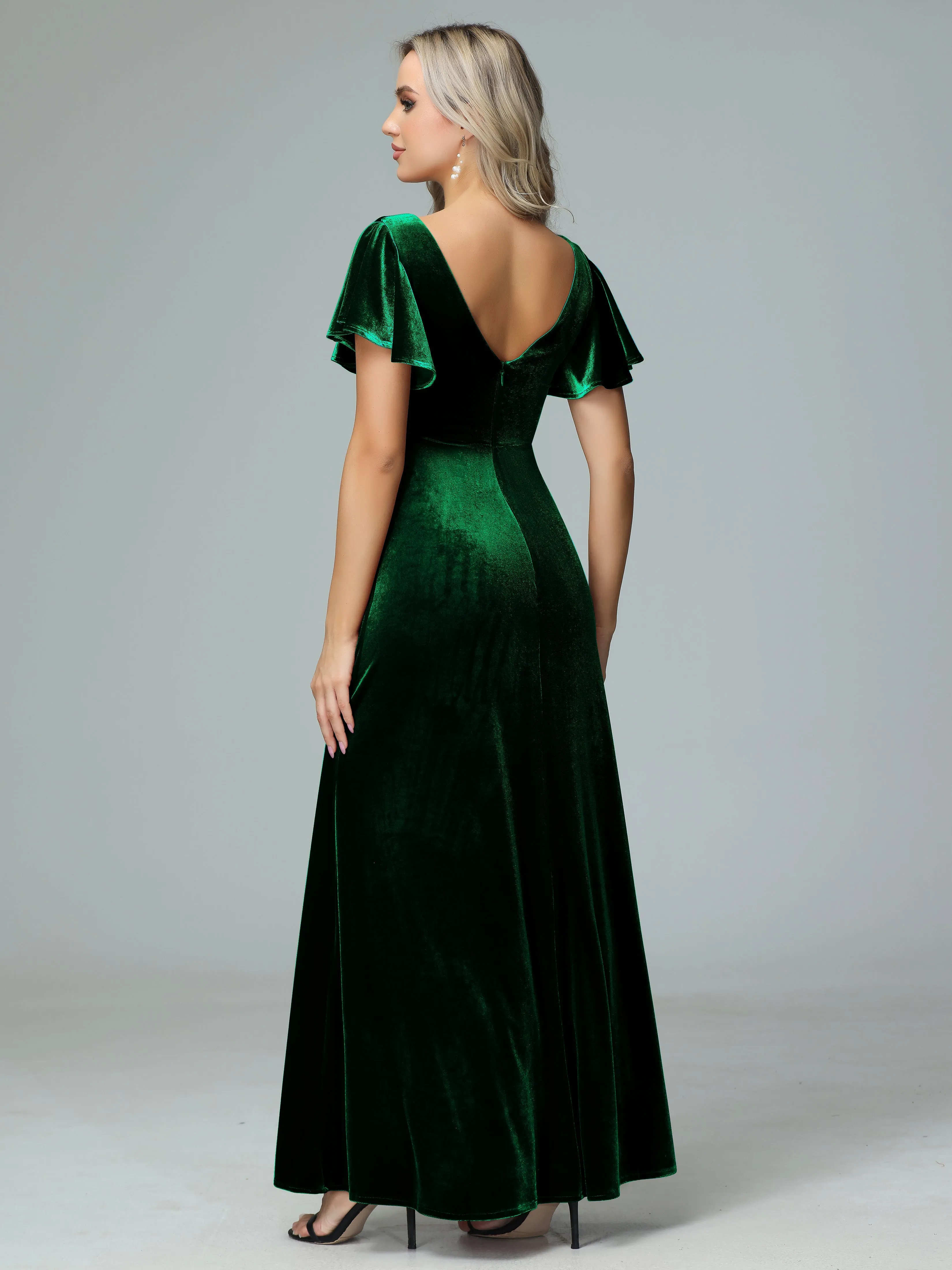 Ruffle Short Sleeves V-neck Velvet Bridesmaid Dresses