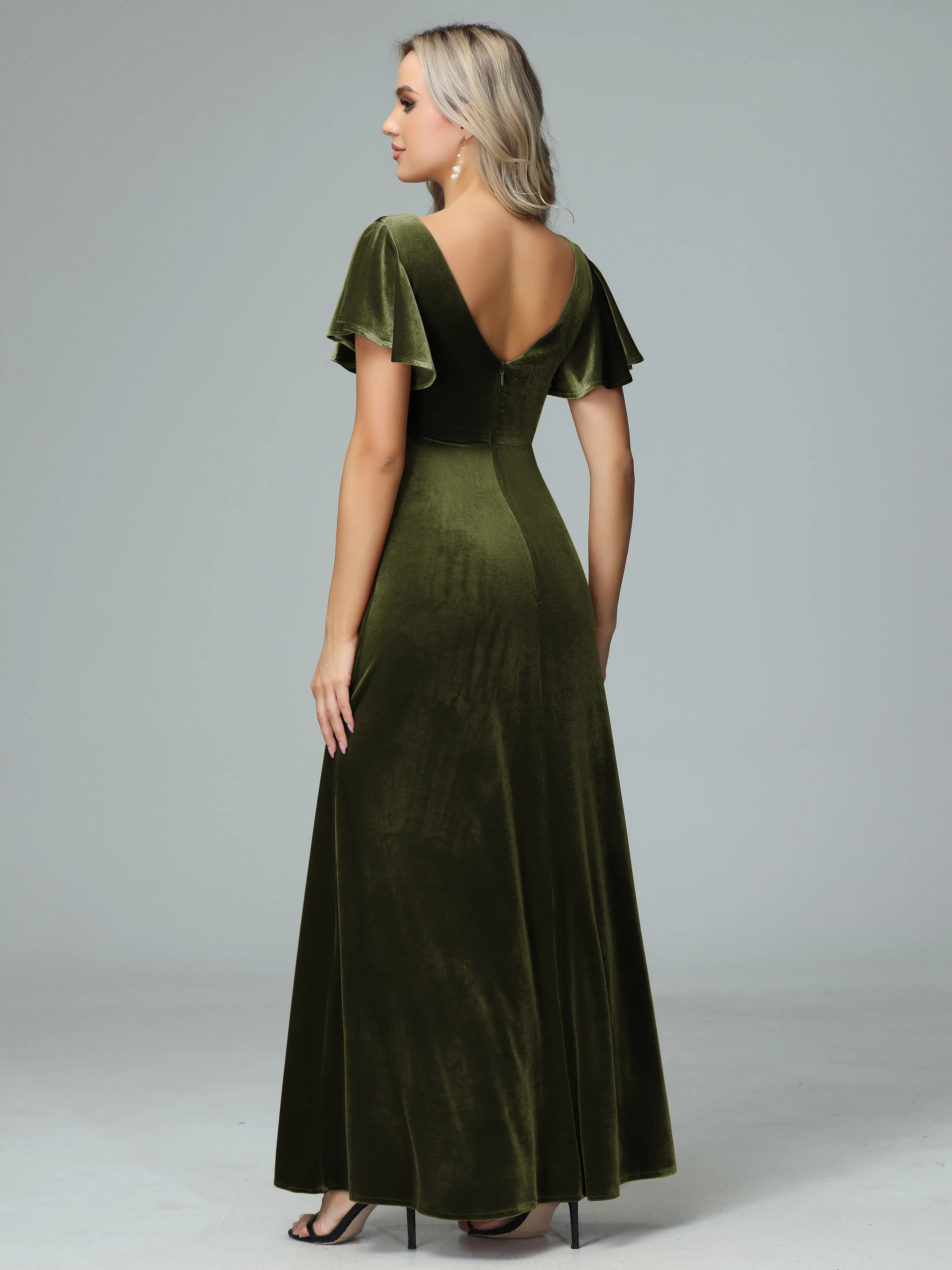 Ruffle Short Sleeves V-neck Velvet Bridesmaid Dresses