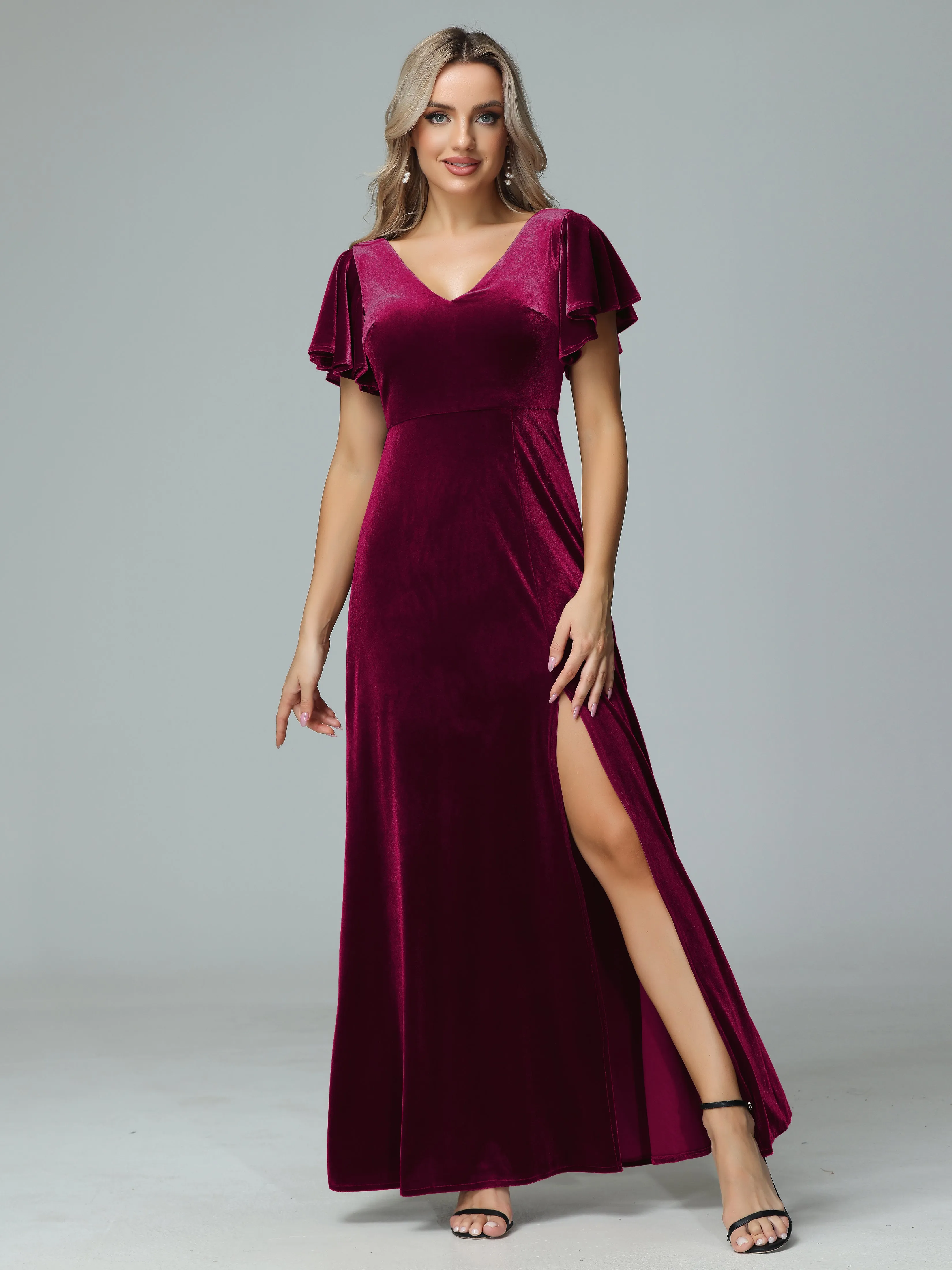 Ruffle Short Sleeves V-neck Velvet Bridesmaid Dresses