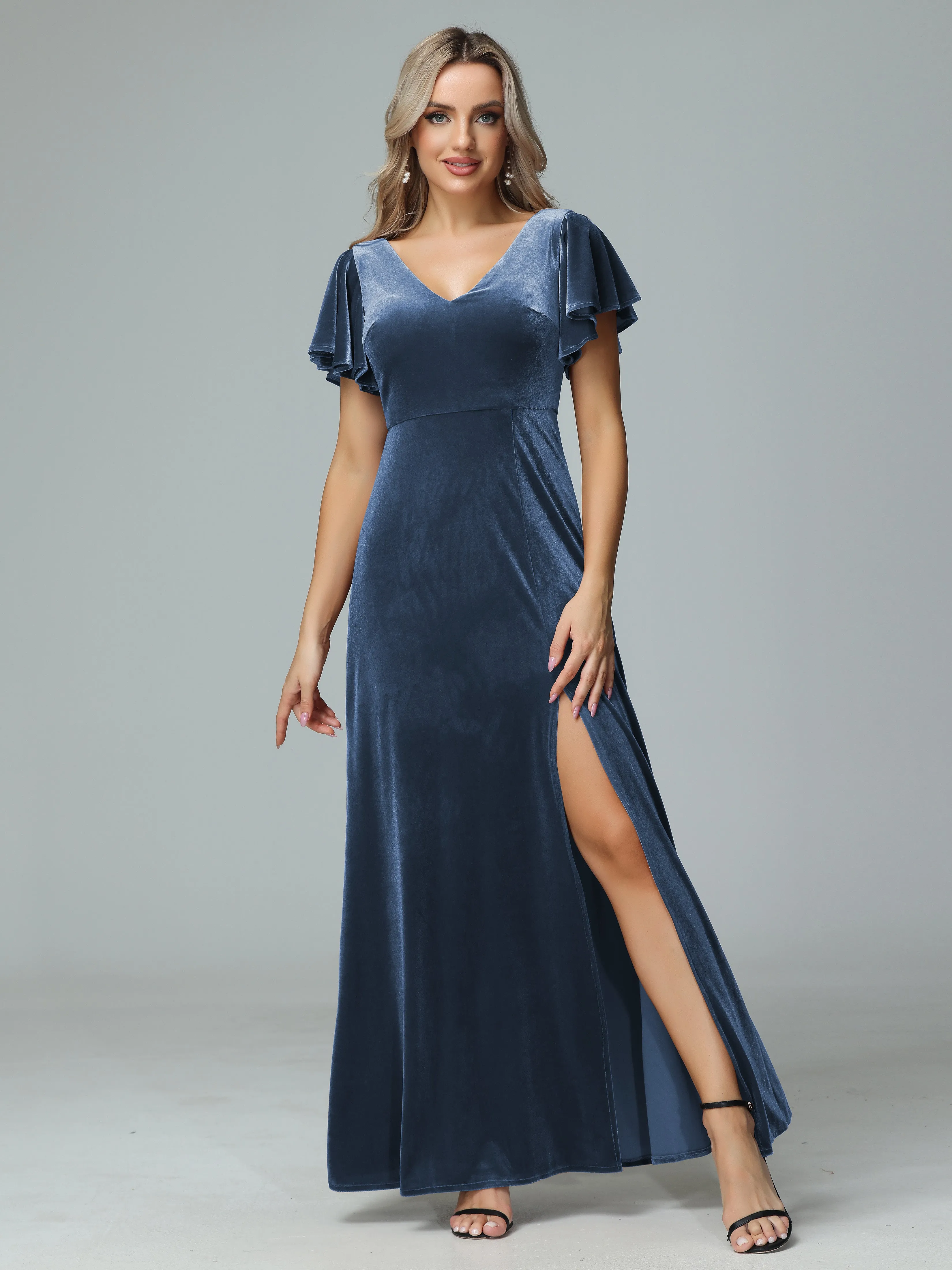 Ruffle Short Sleeves V-neck Velvet Bridesmaid Dresses