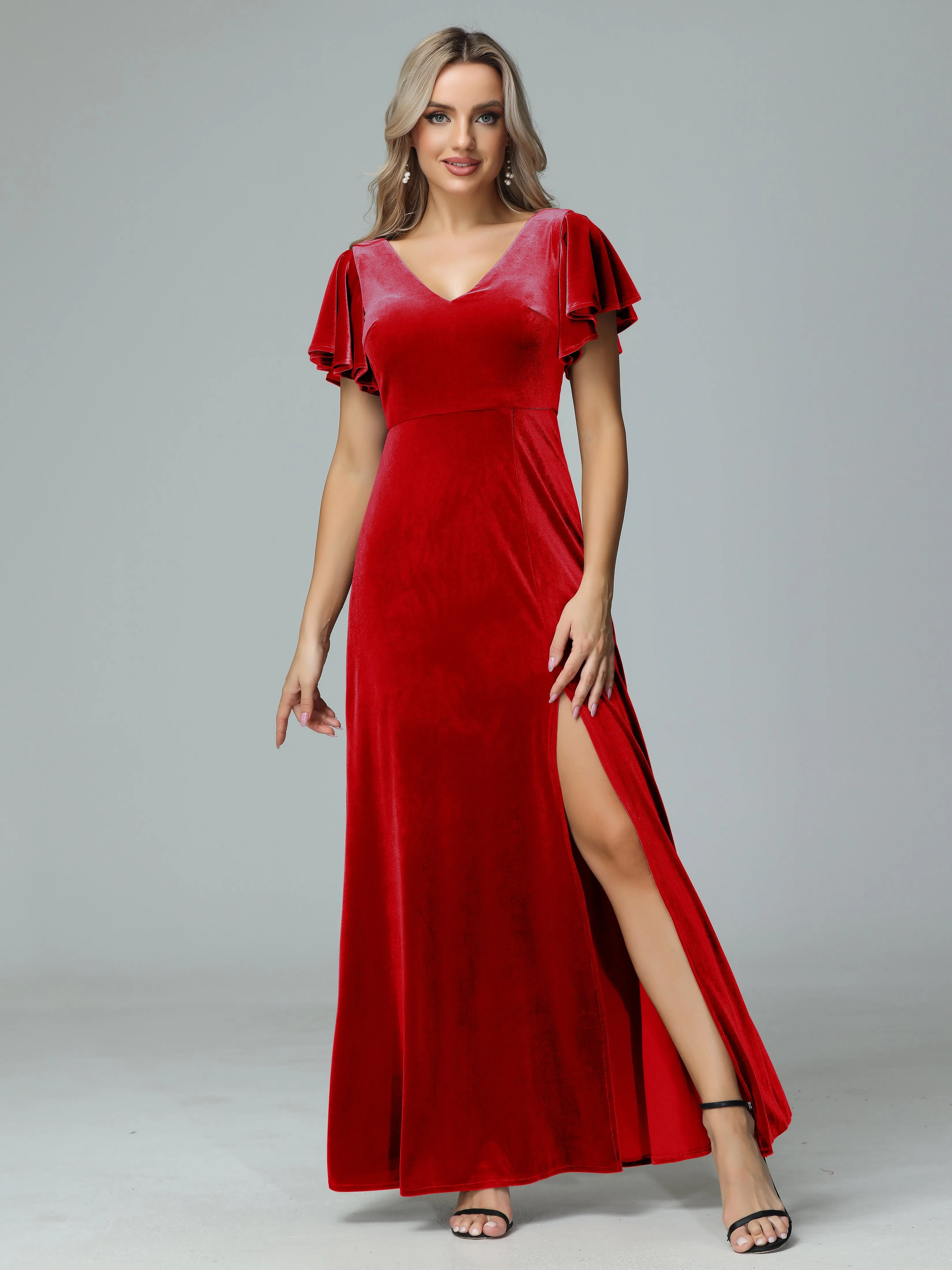 Ruffle Short Sleeves V-neck Velvet Bridesmaid Dresses