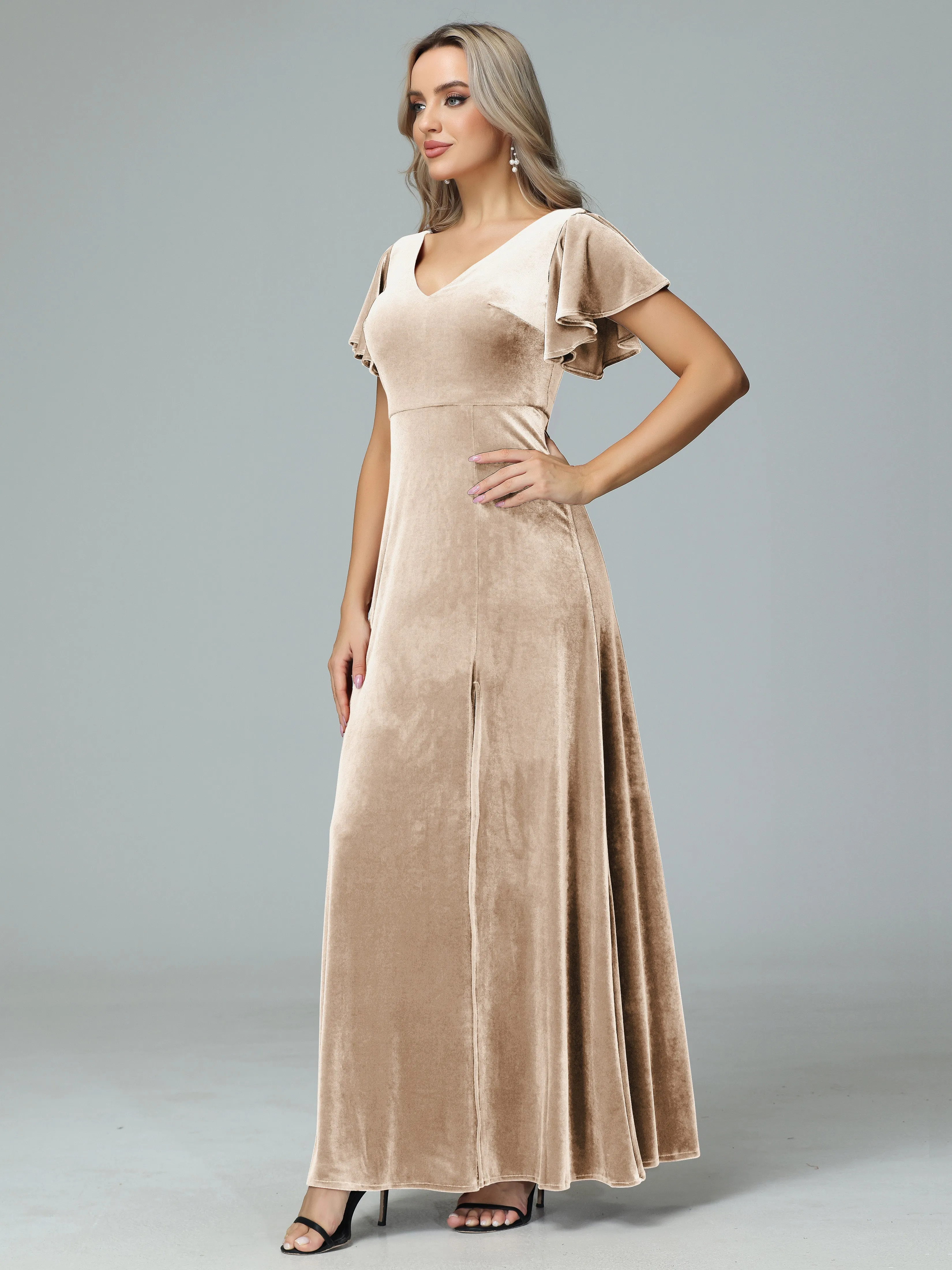 Ruffle Short Sleeves V-neck Velvet Bridesmaid Dresses