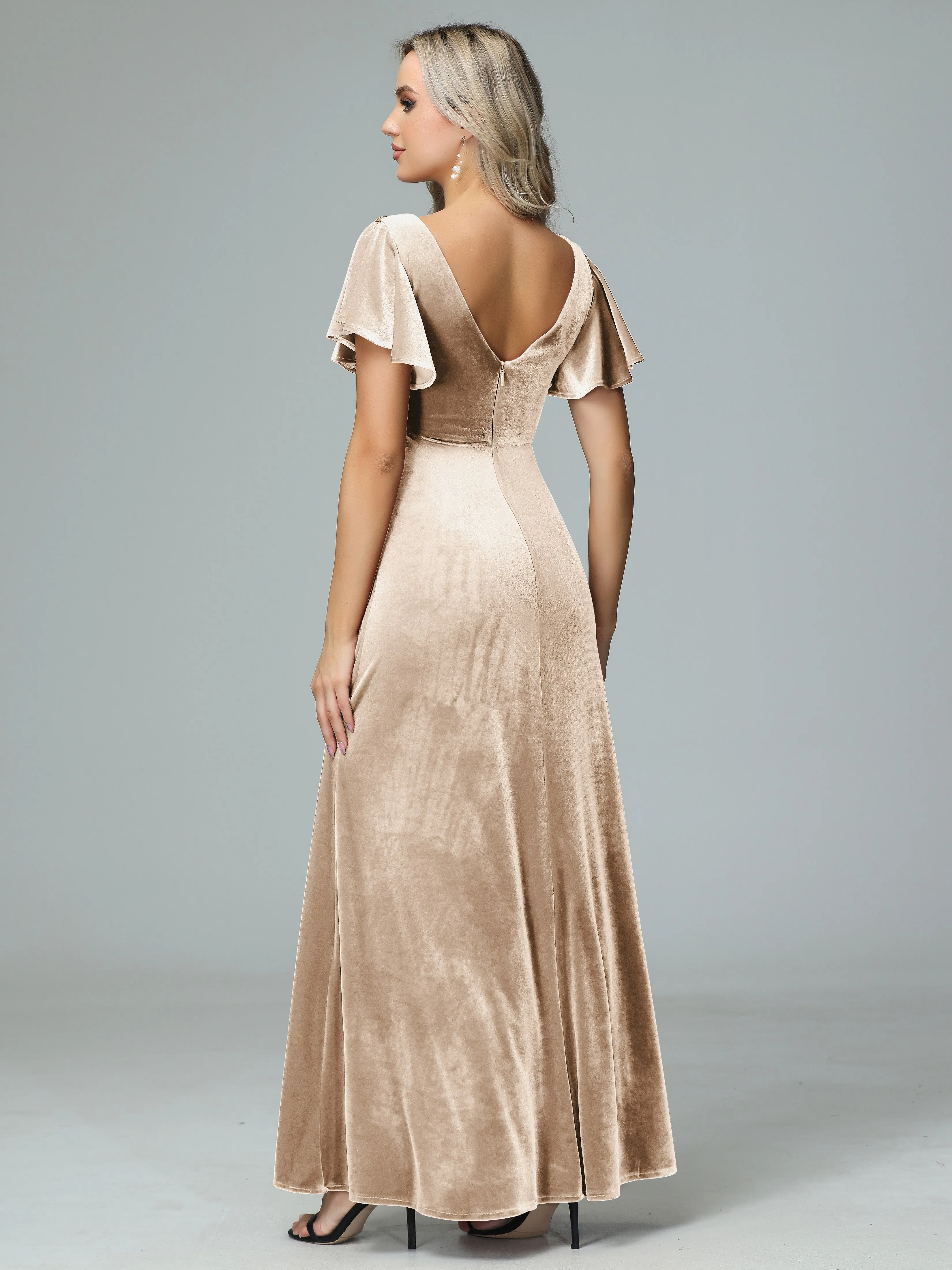 Ruffle Short Sleeves V-neck Velvet Bridesmaid Dresses