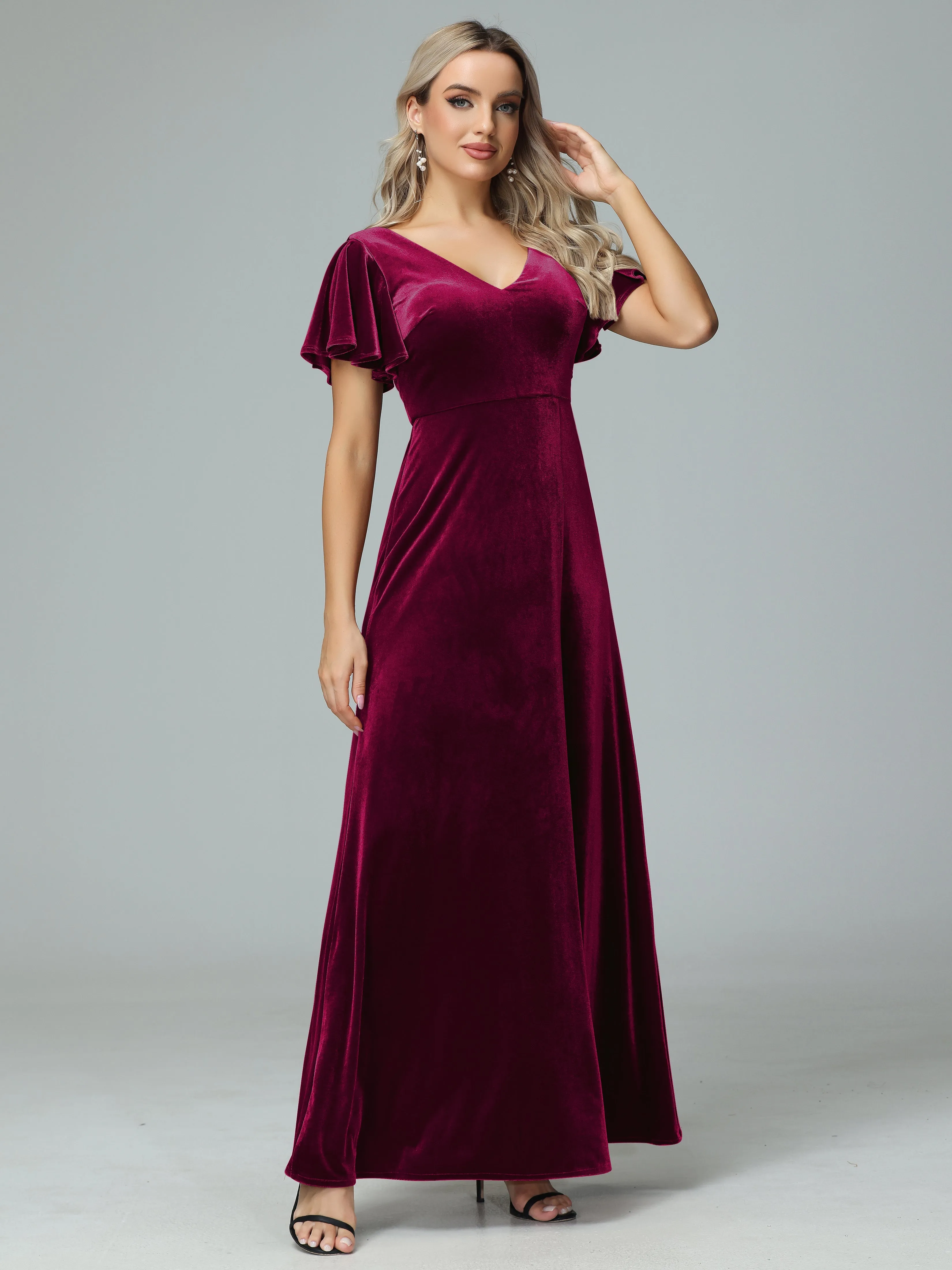 Ruffle Short Sleeves V-neck Velvet Bridesmaid Dresses