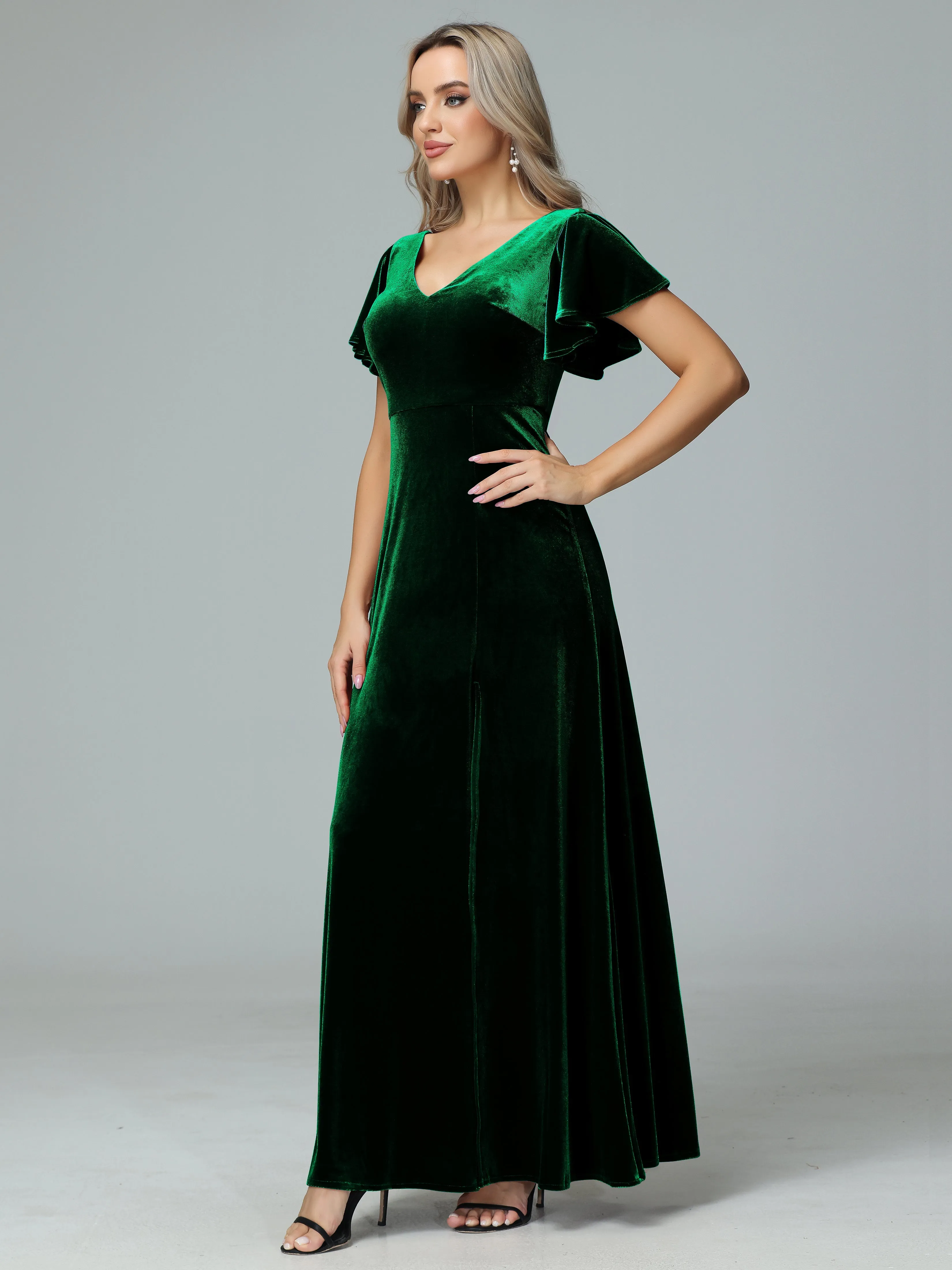Ruffle Short Sleeves V-neck Velvet Bridesmaid Dresses
