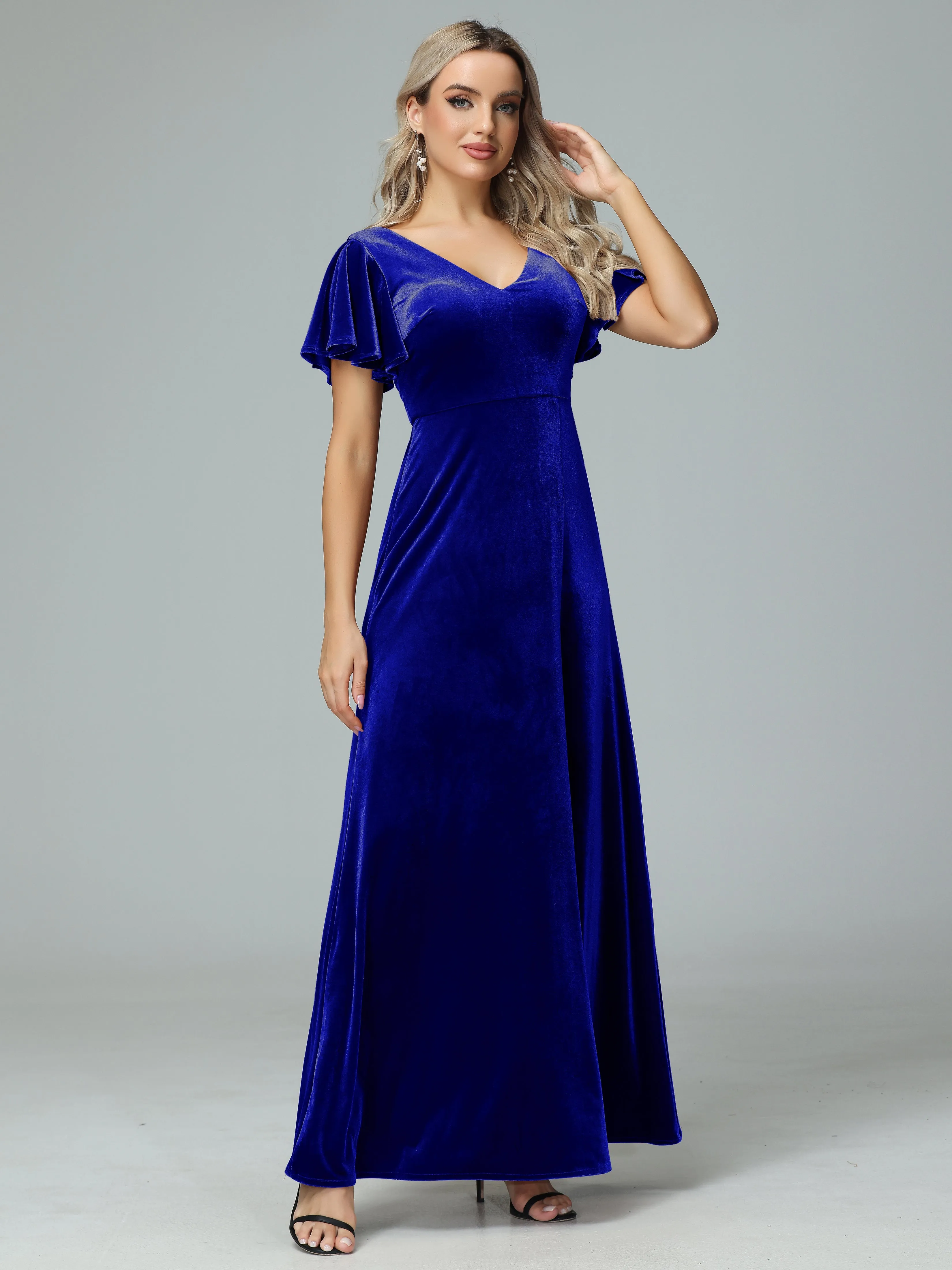 Ruffle Short Sleeves V-neck Velvet Bridesmaid Dresses