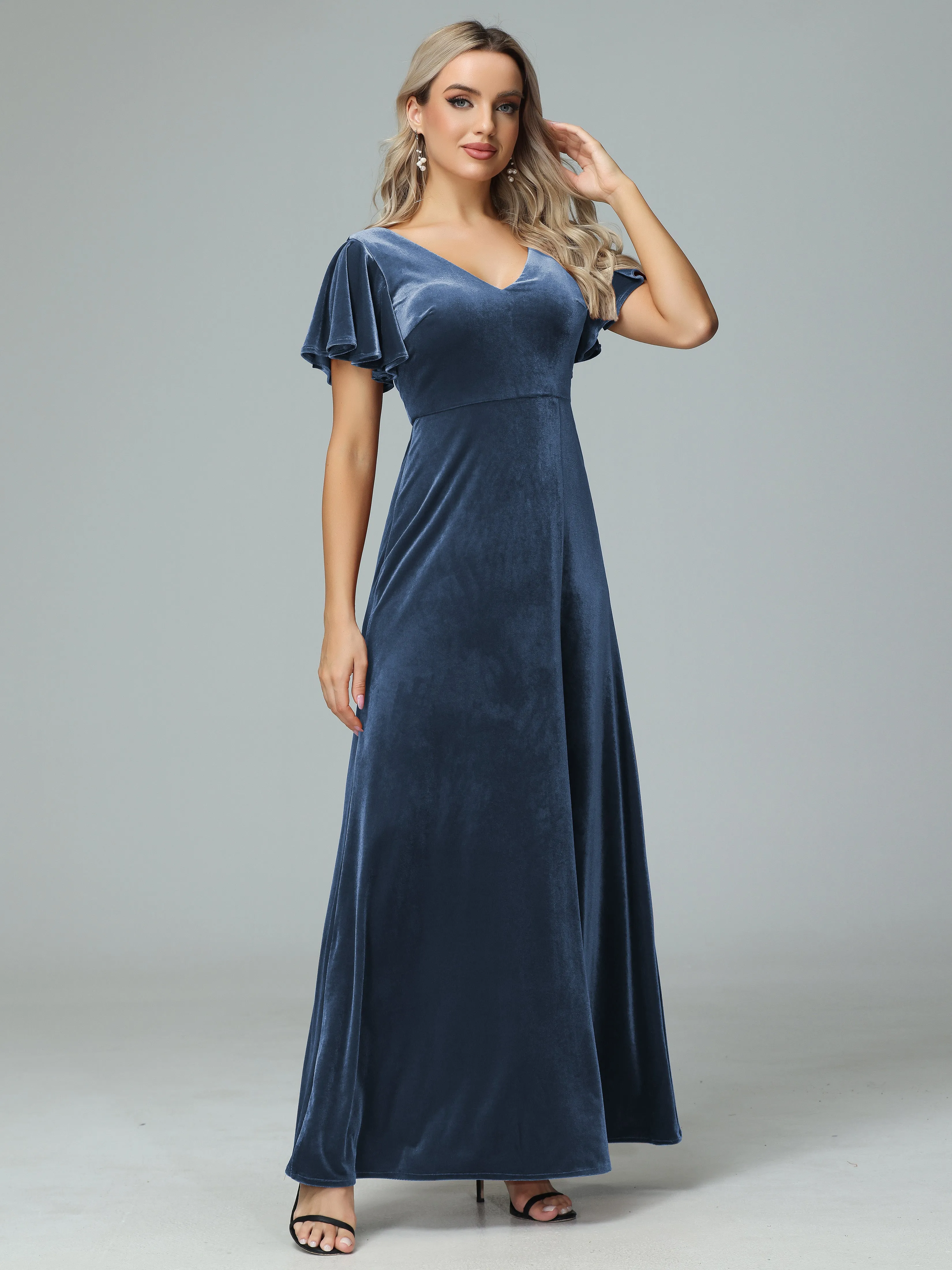 Ruffle Short Sleeves V-neck Velvet Bridesmaid Dresses
