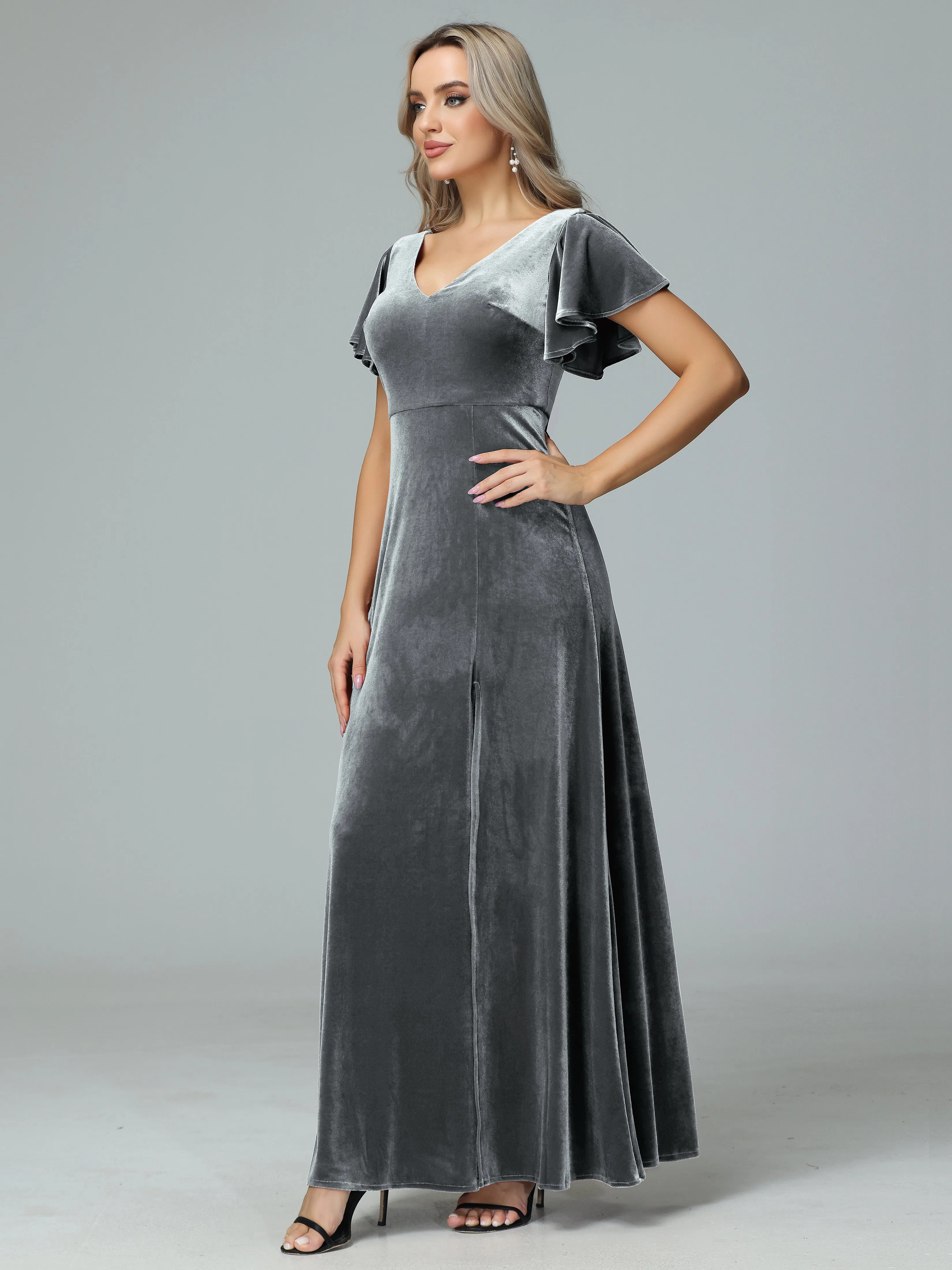 Ruffle Short Sleeves V-neck Velvet Bridesmaid Dresses