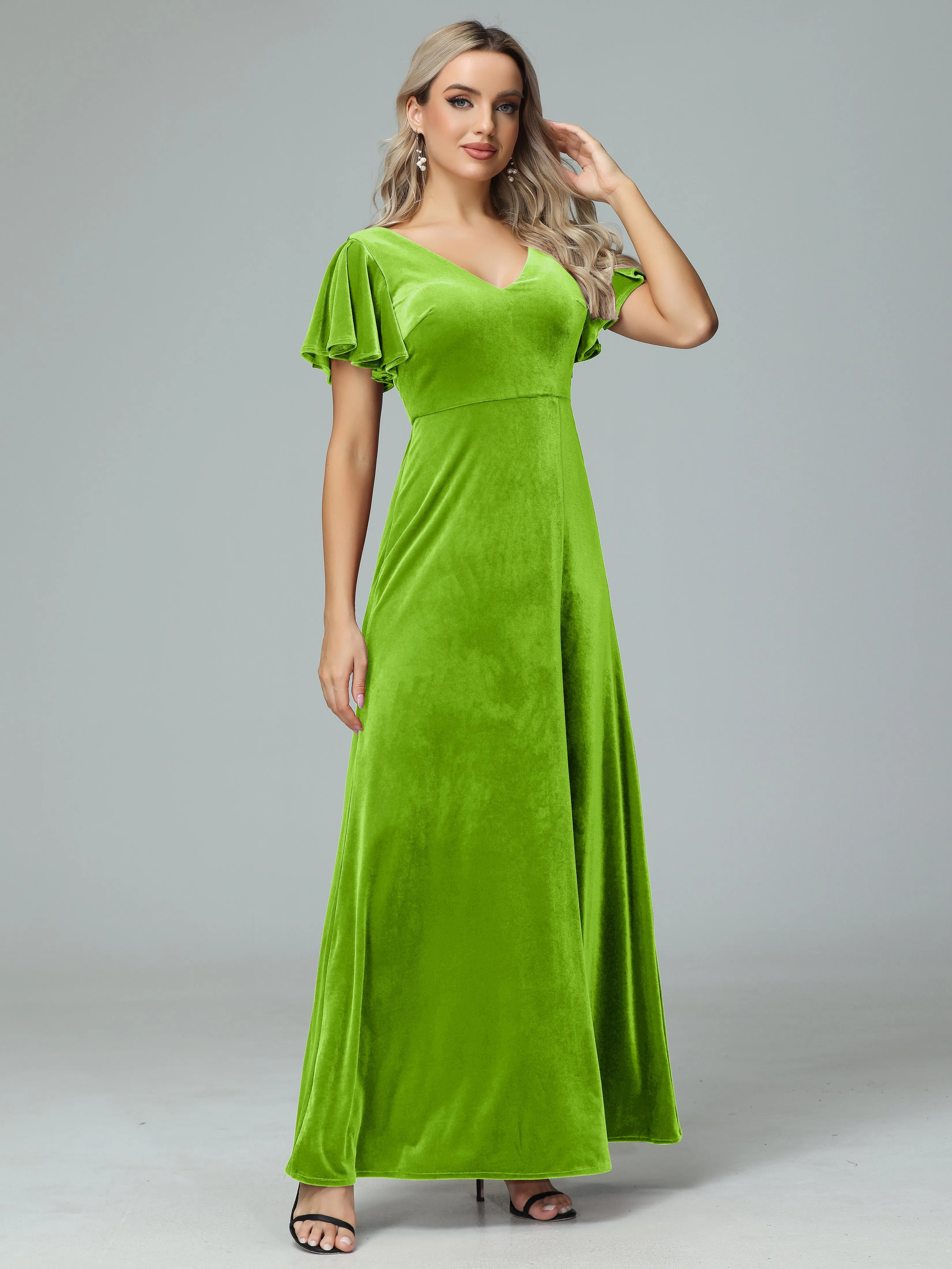 Ruffle Short Sleeves V-neck Velvet Bridesmaid Dresses