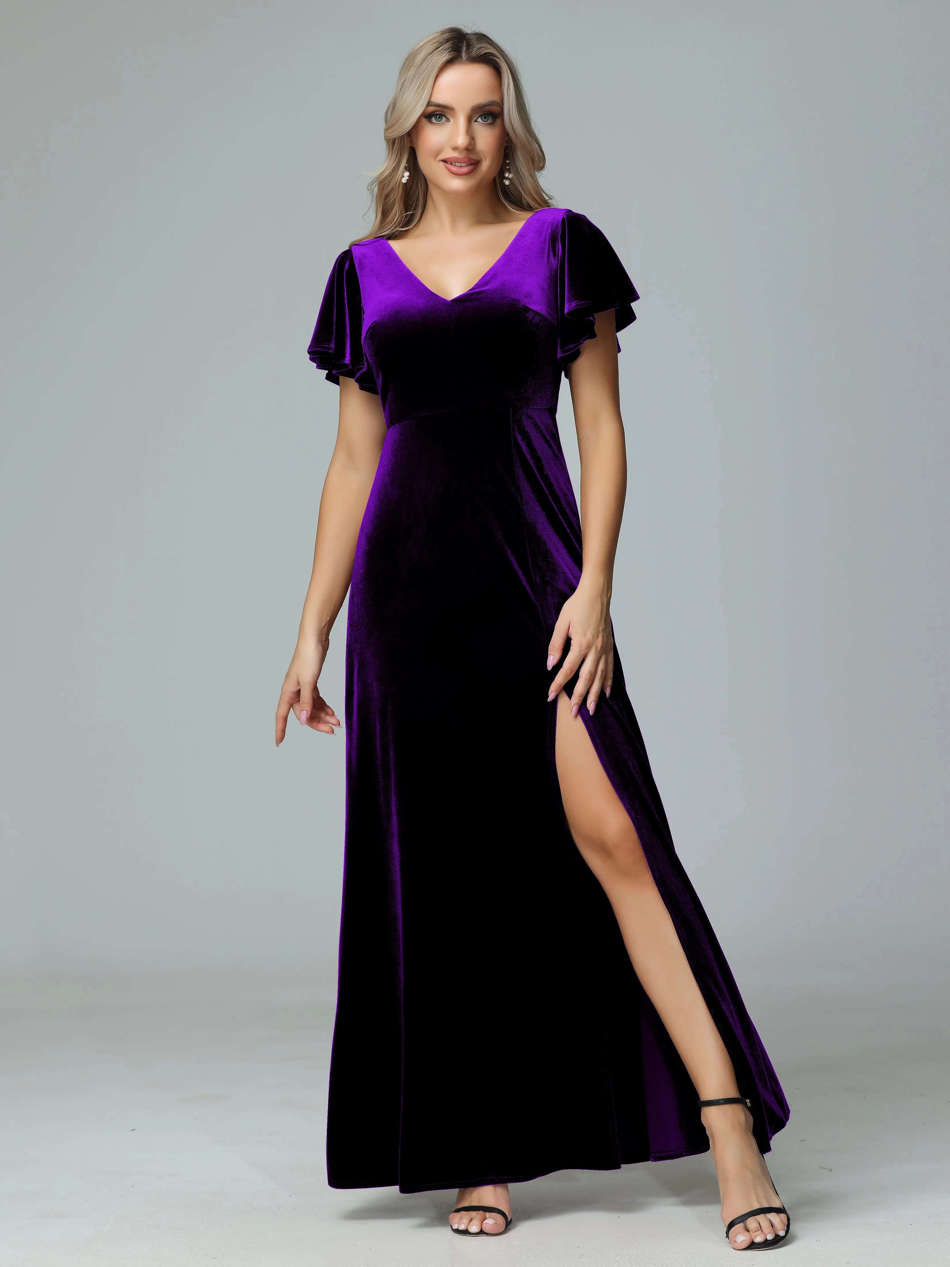 Ruffle Short Sleeves V-neck Velvet Bridesmaid Dresses