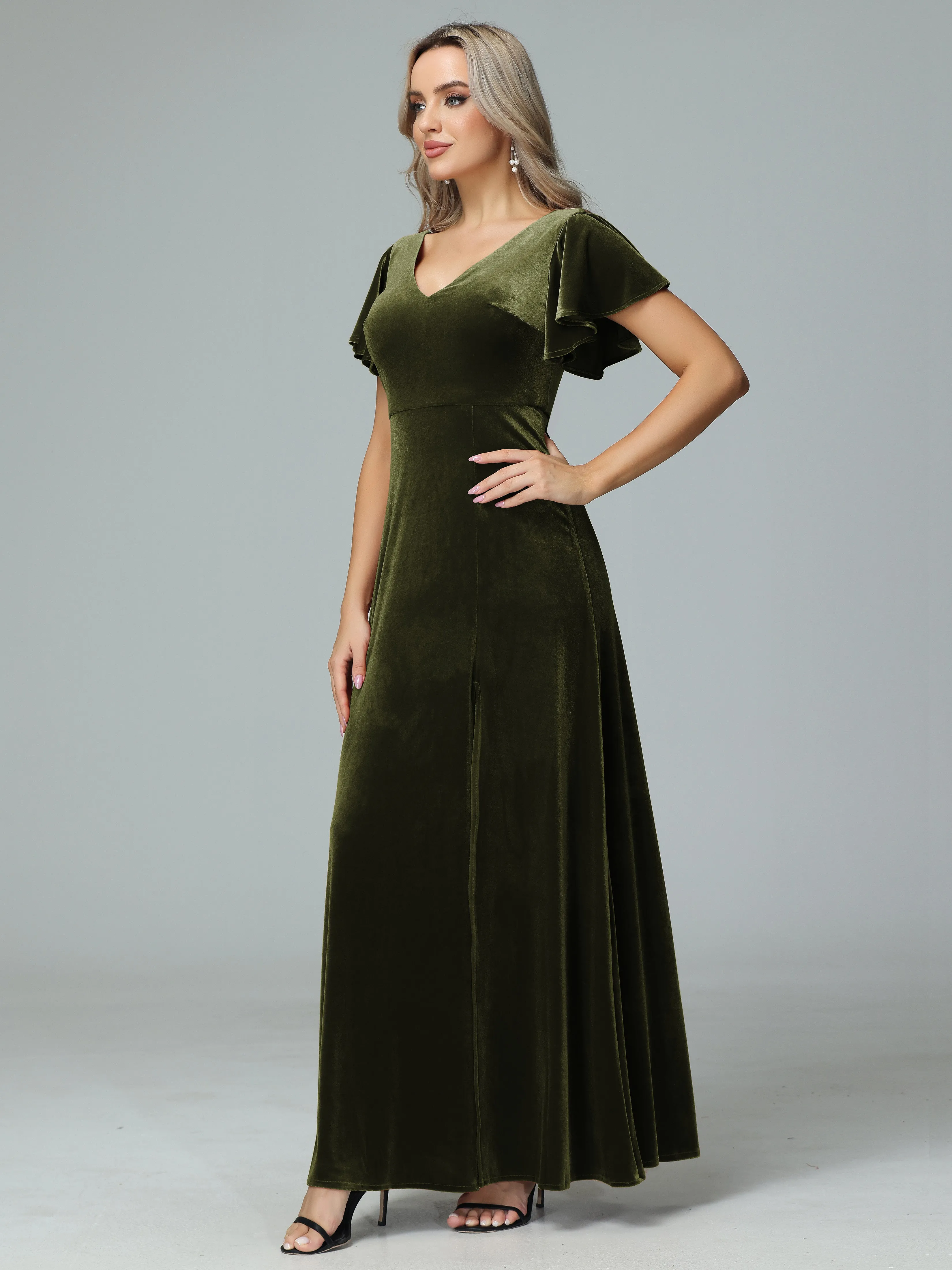 Ruffle Short Sleeves V-neck Velvet Bridesmaid Dresses