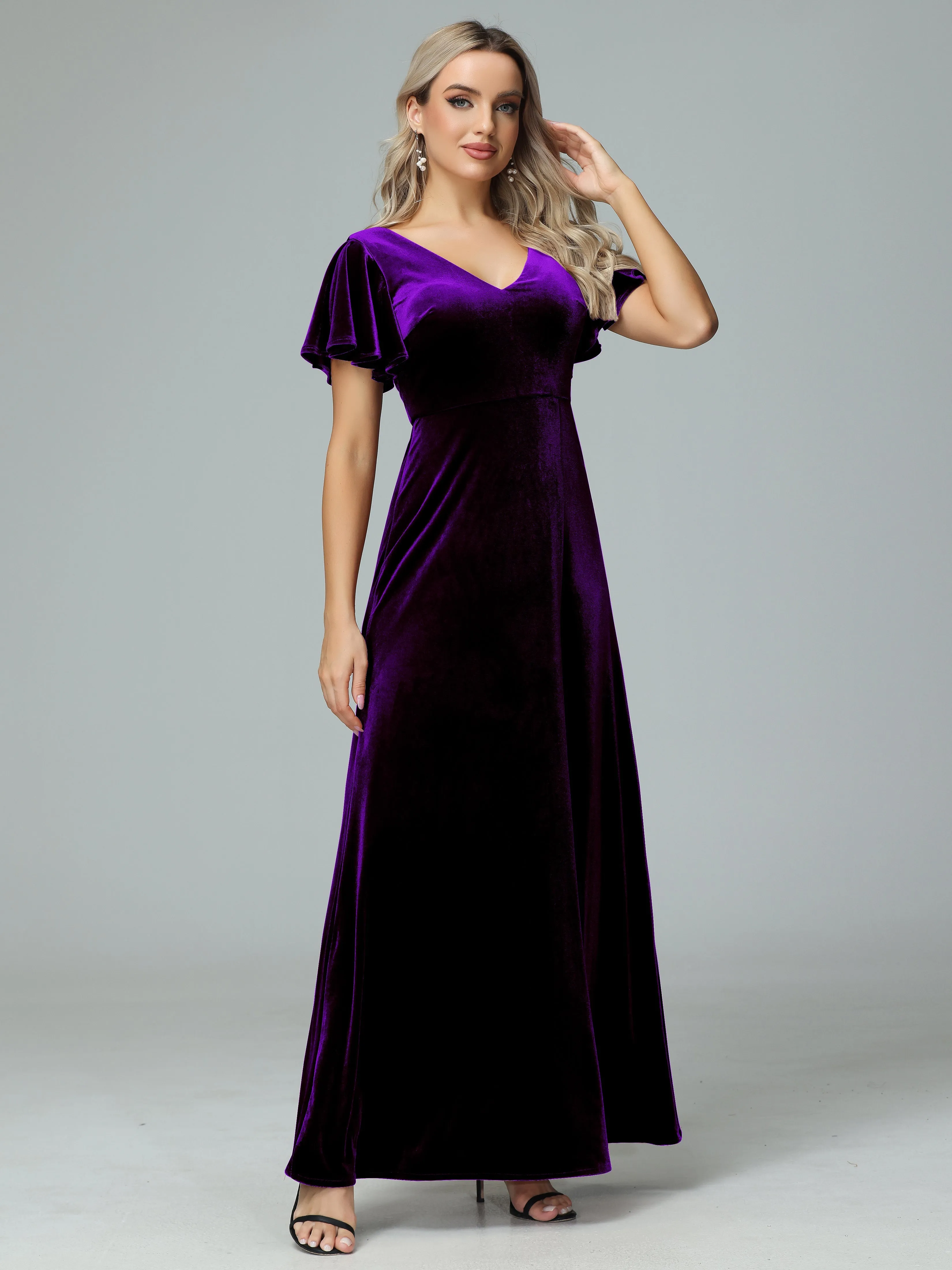 Ruffle Short Sleeves V-neck Velvet Bridesmaid Dresses