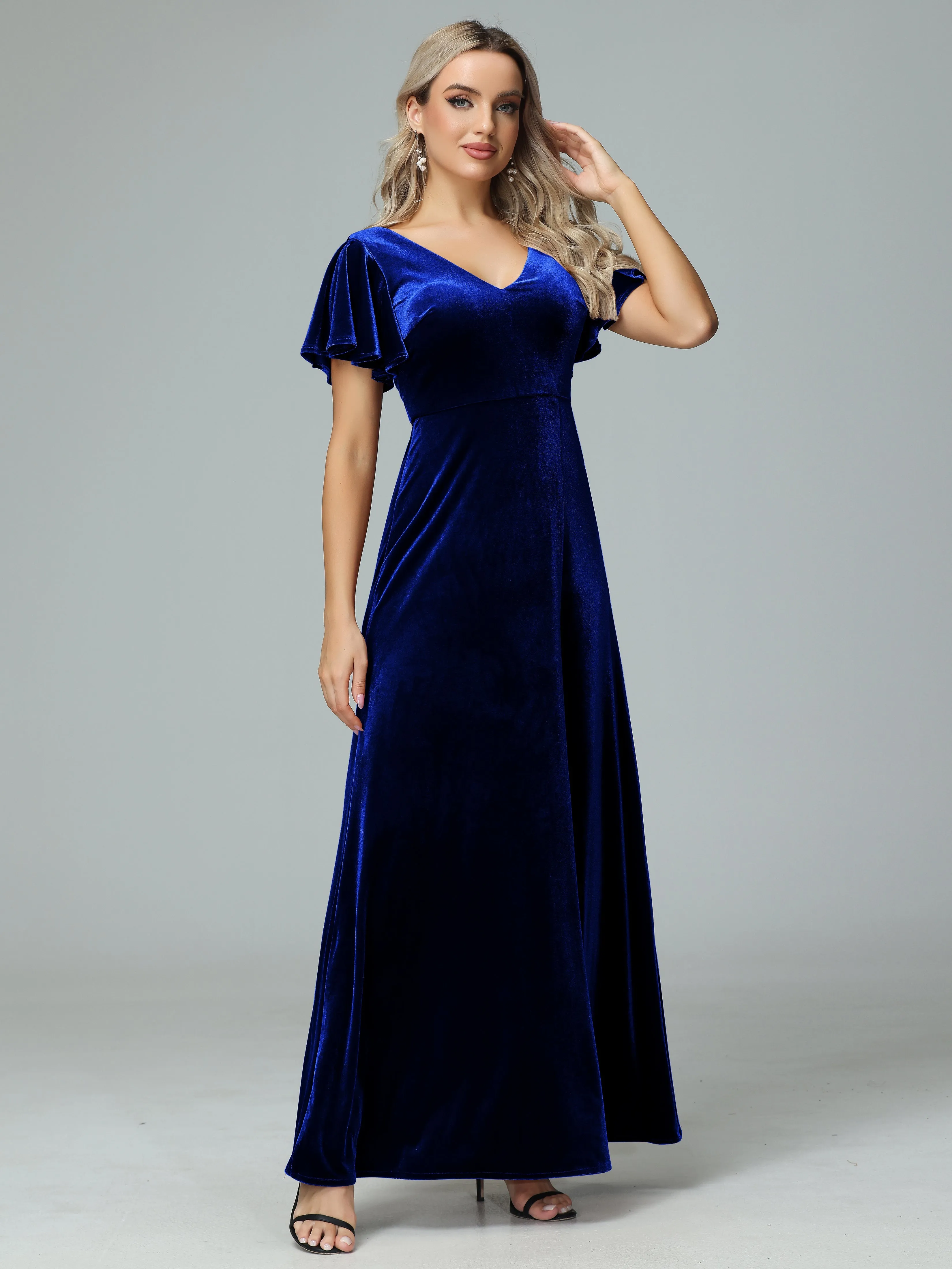Ruffle Short Sleeves V-neck Velvet Bridesmaid Dresses