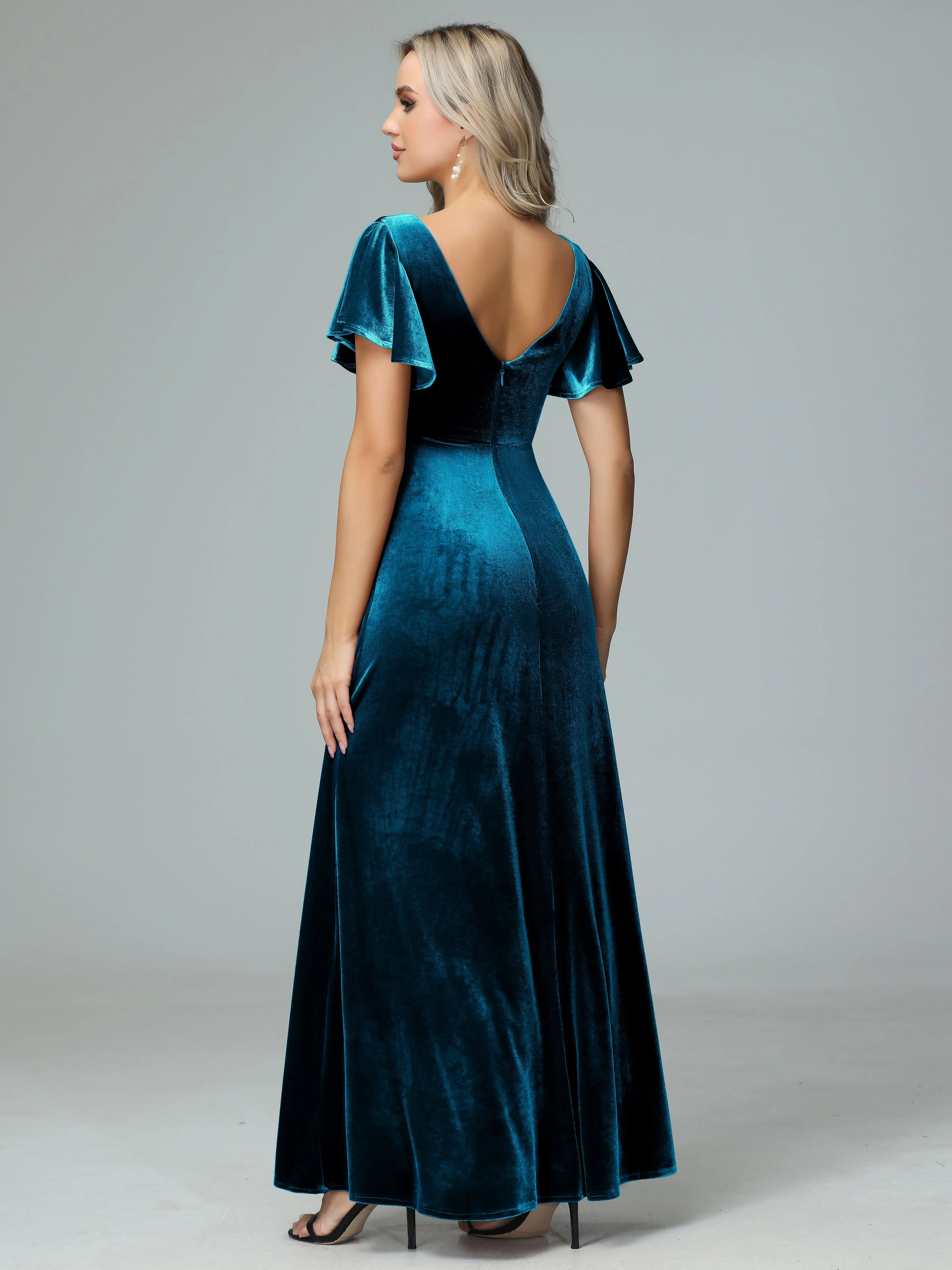 Ruffle Short Sleeves V-neck Velvet Bridesmaid Dresses