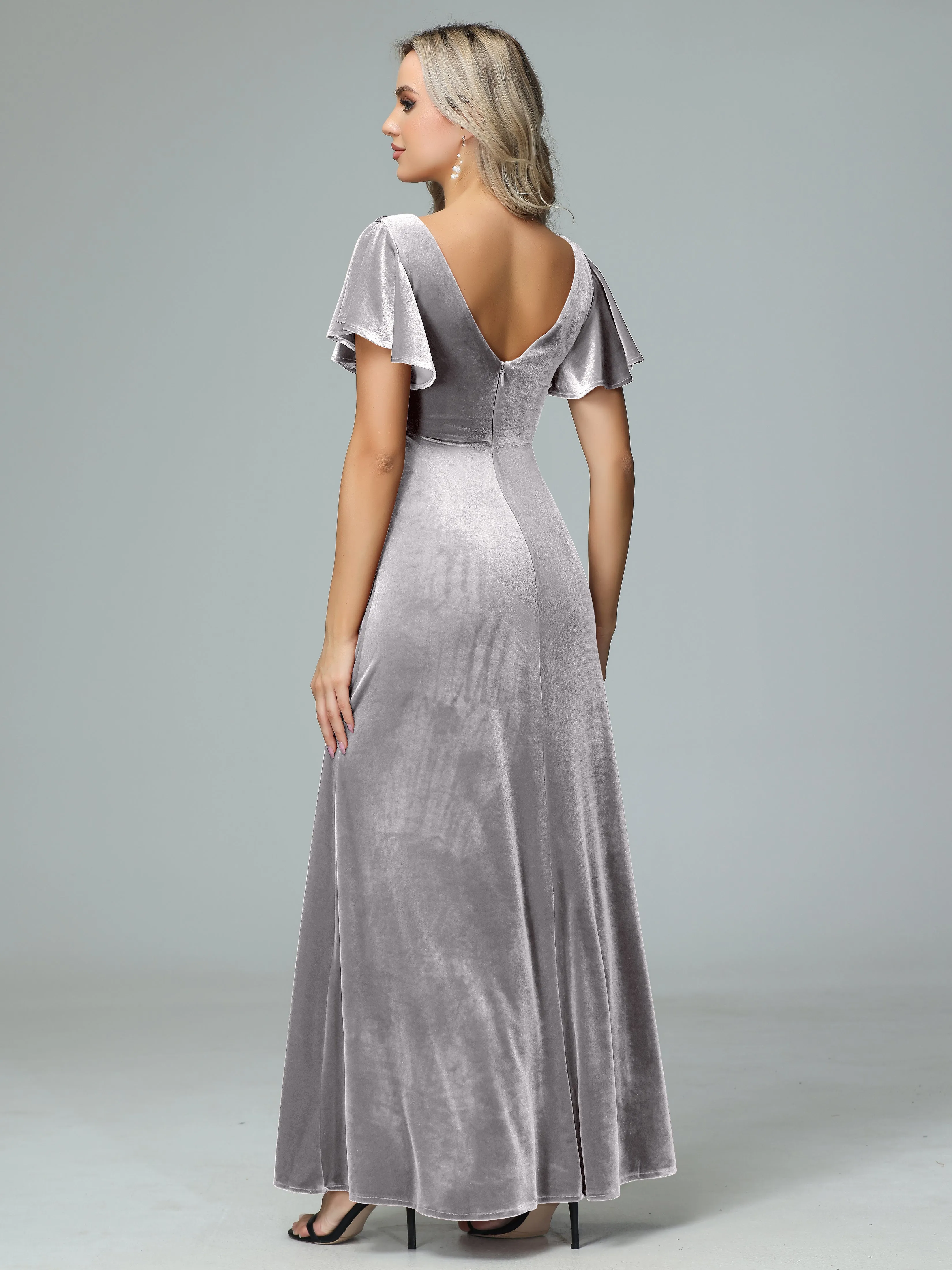 Ruffle Short Sleeves V-neck Velvet Bridesmaid Dresses